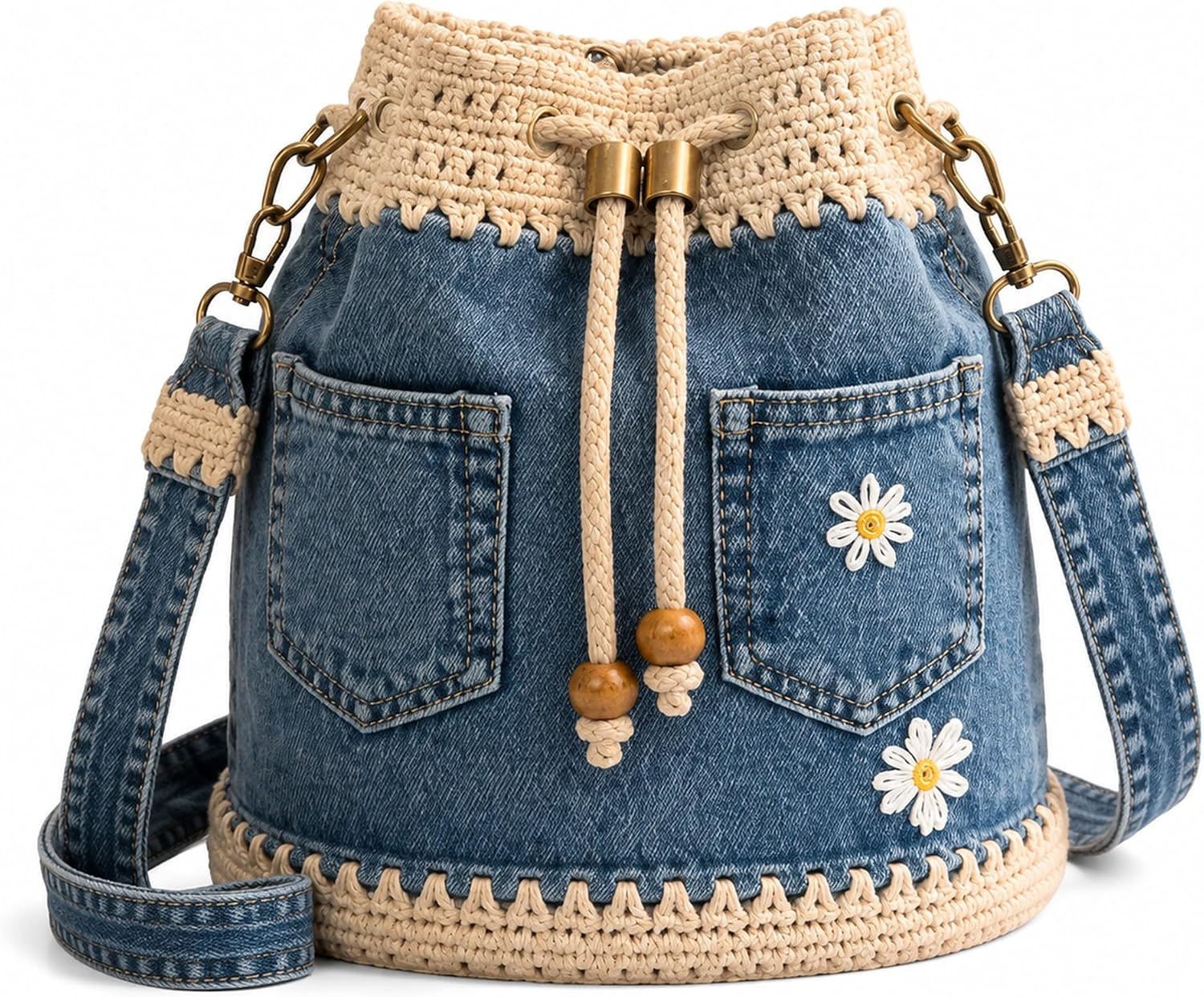 Women's Denim Crochet Bucket Tote Bag Blue