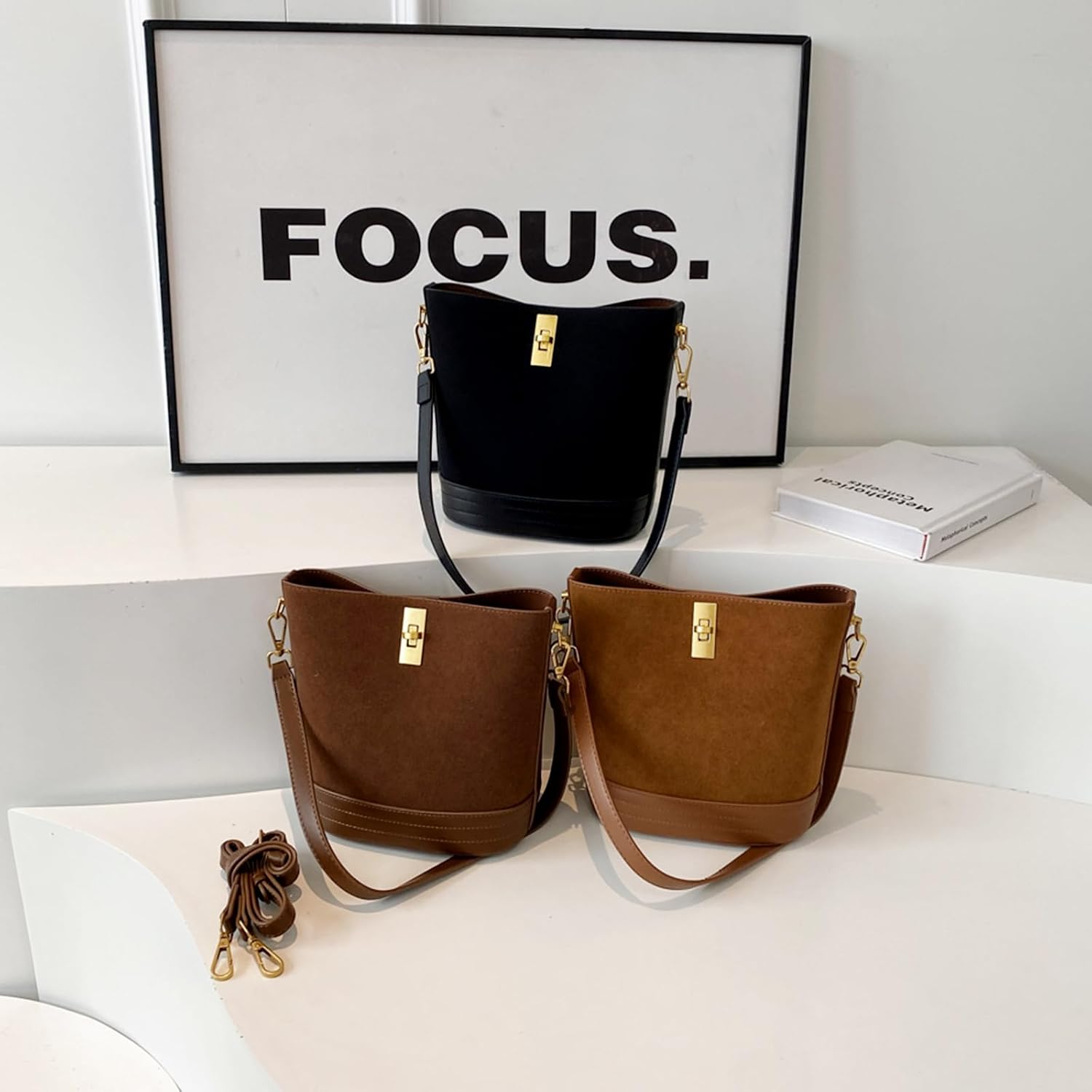 Women's Faux Suede Bucket Bag with Gold Lock Brown Women's Faux Suede Bucket Bag with Gold Lock Brown