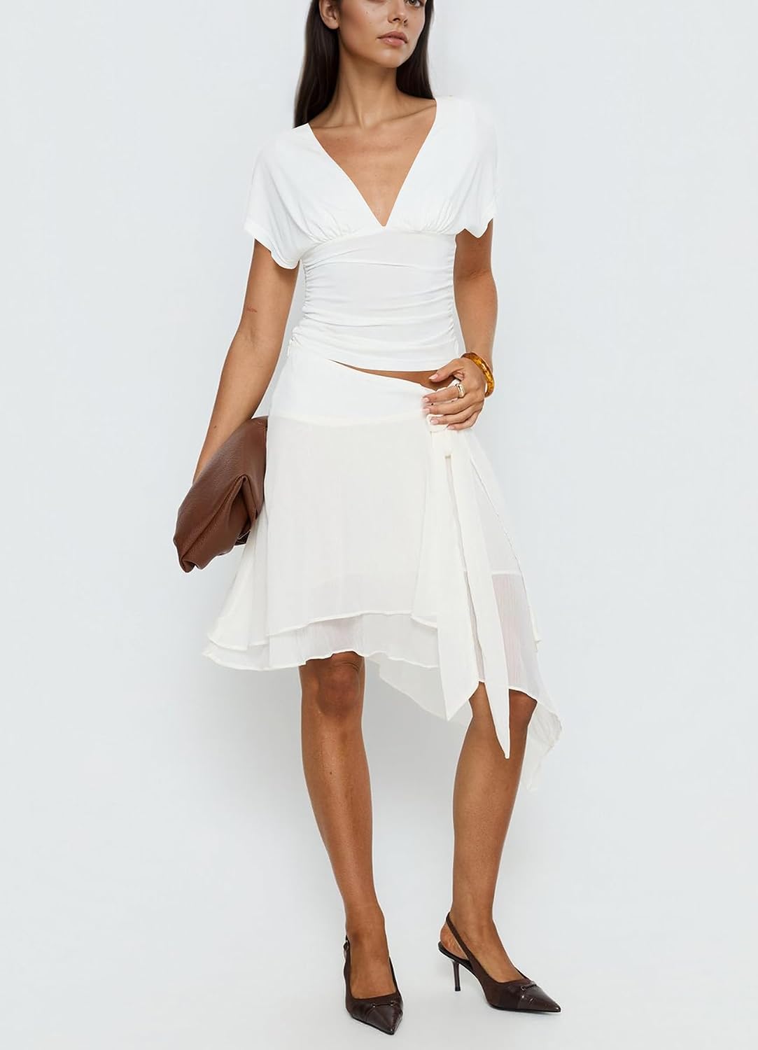 Women's Deep V Neck Ruched Waist Crop Top White Women's Deep V Neck Ruched Waist Crop Top White