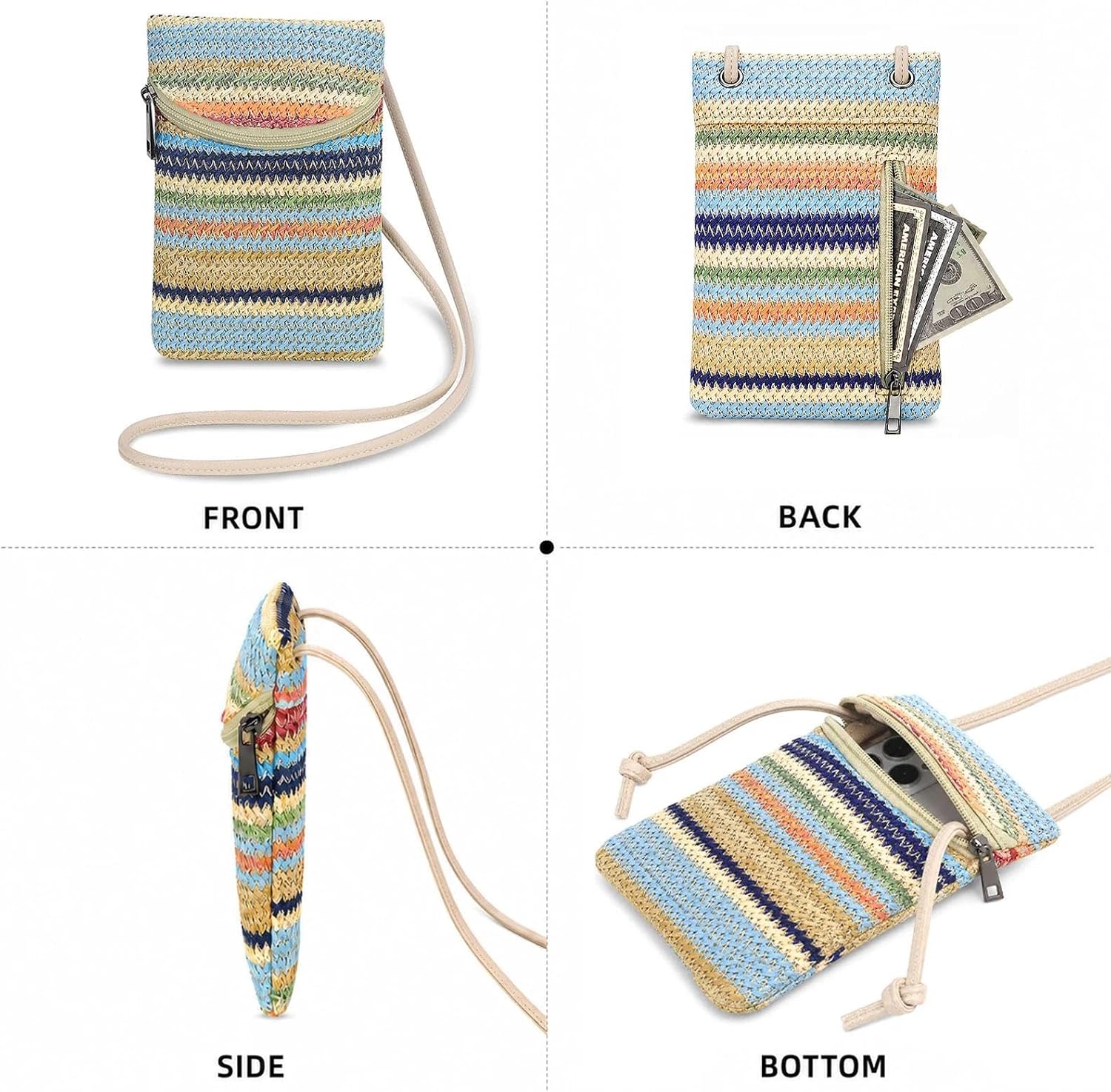Women's Woven Straw Crossbody Phone Purse with Adjustable Strap