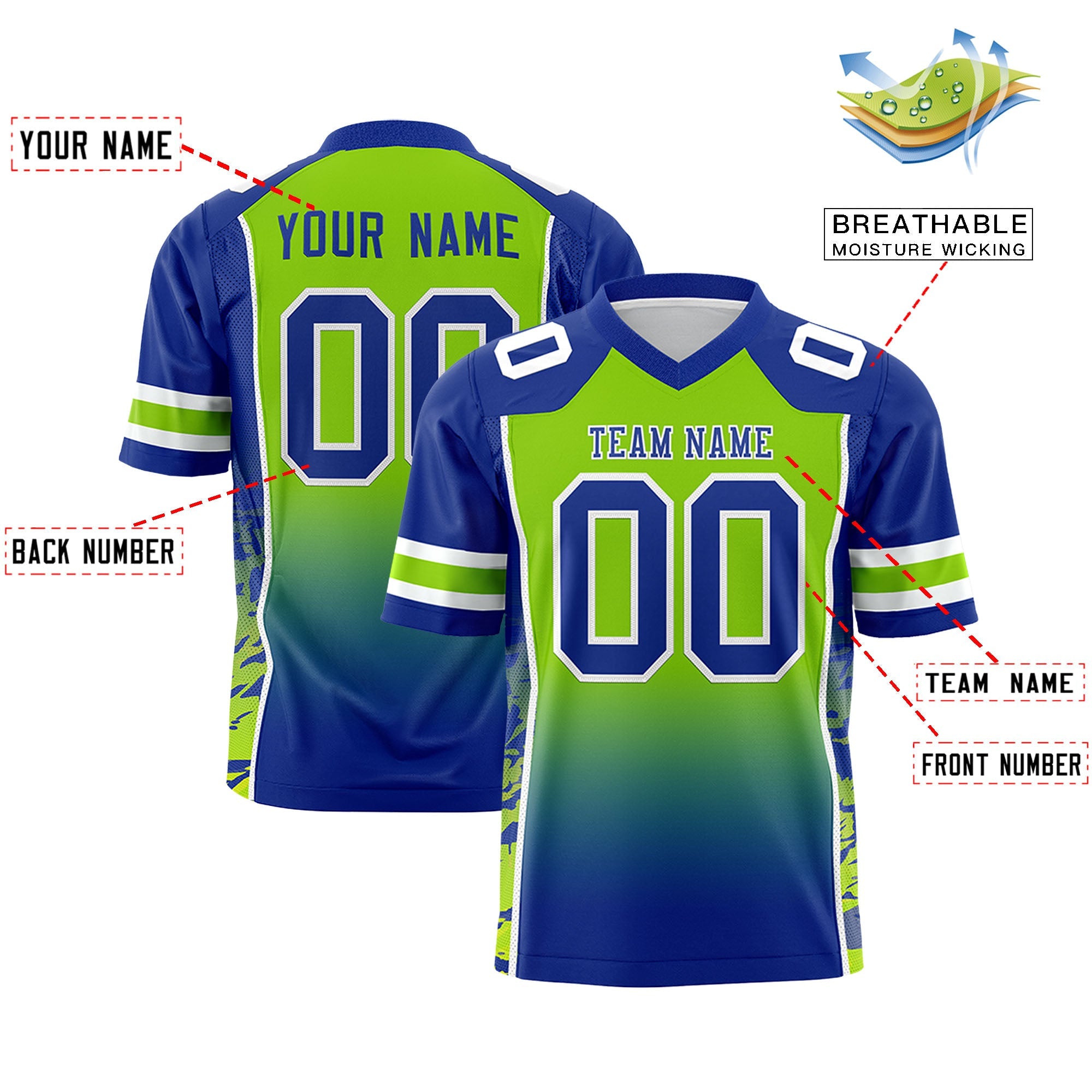 Authentisches Fußballtrikot mit individuellem Farbverlauf und personalisiertem Seitenmuster