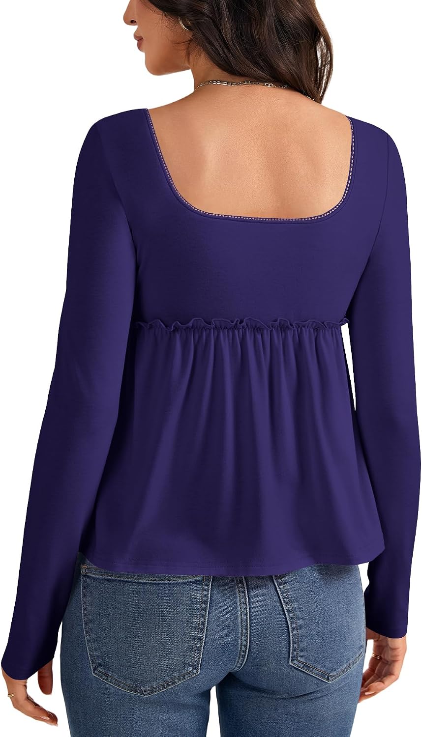 Women's Square Neck Long Sleeve Peplum Top Purple