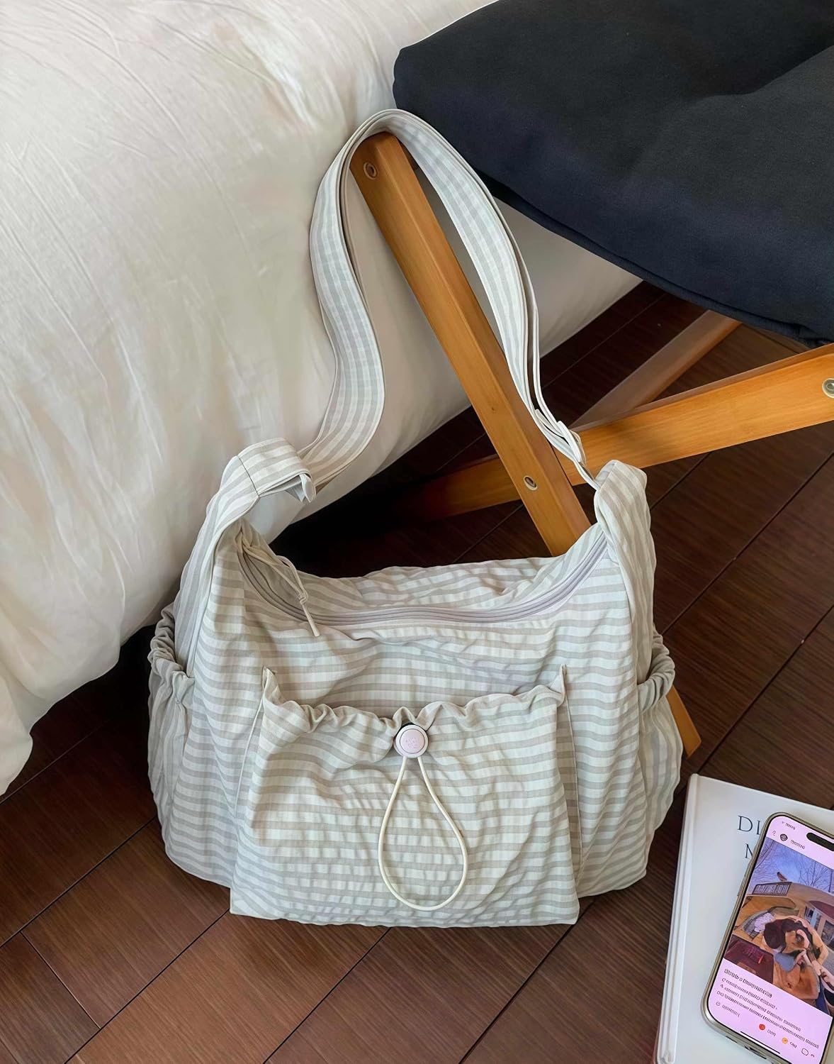 Women's Plaid Nylon Hobo Crossbody Bag with Drawstring Pocket