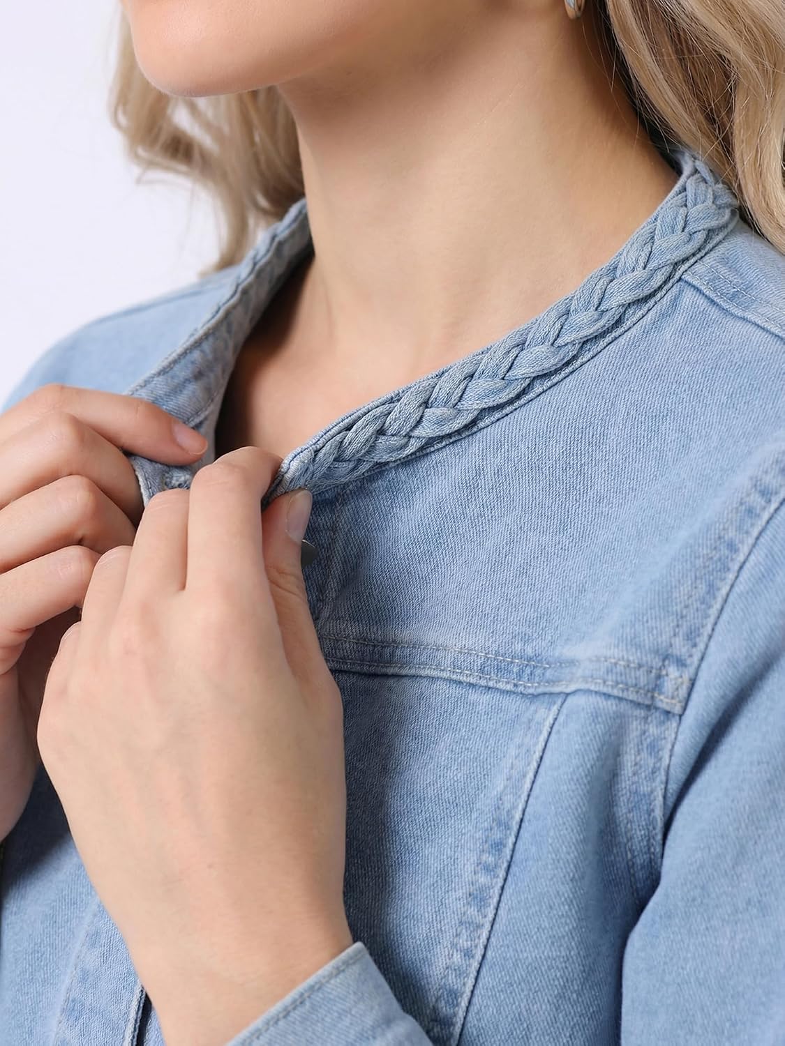 Denim Jacket for Women Collarless Long Sleeve Open Front Cropped Jean Jackets