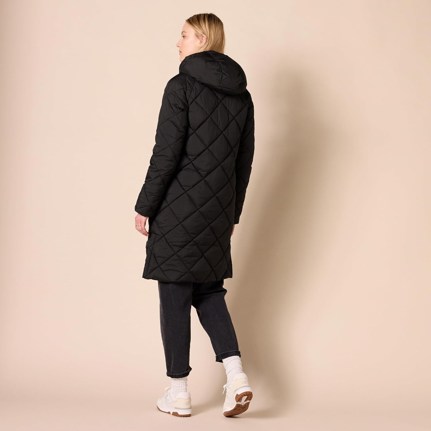 Women's Diamond Quilted Knee Length Hooded Puffer Coat Black Women's Diamond Quilted Knee Length Hooded Puffer Coat Black