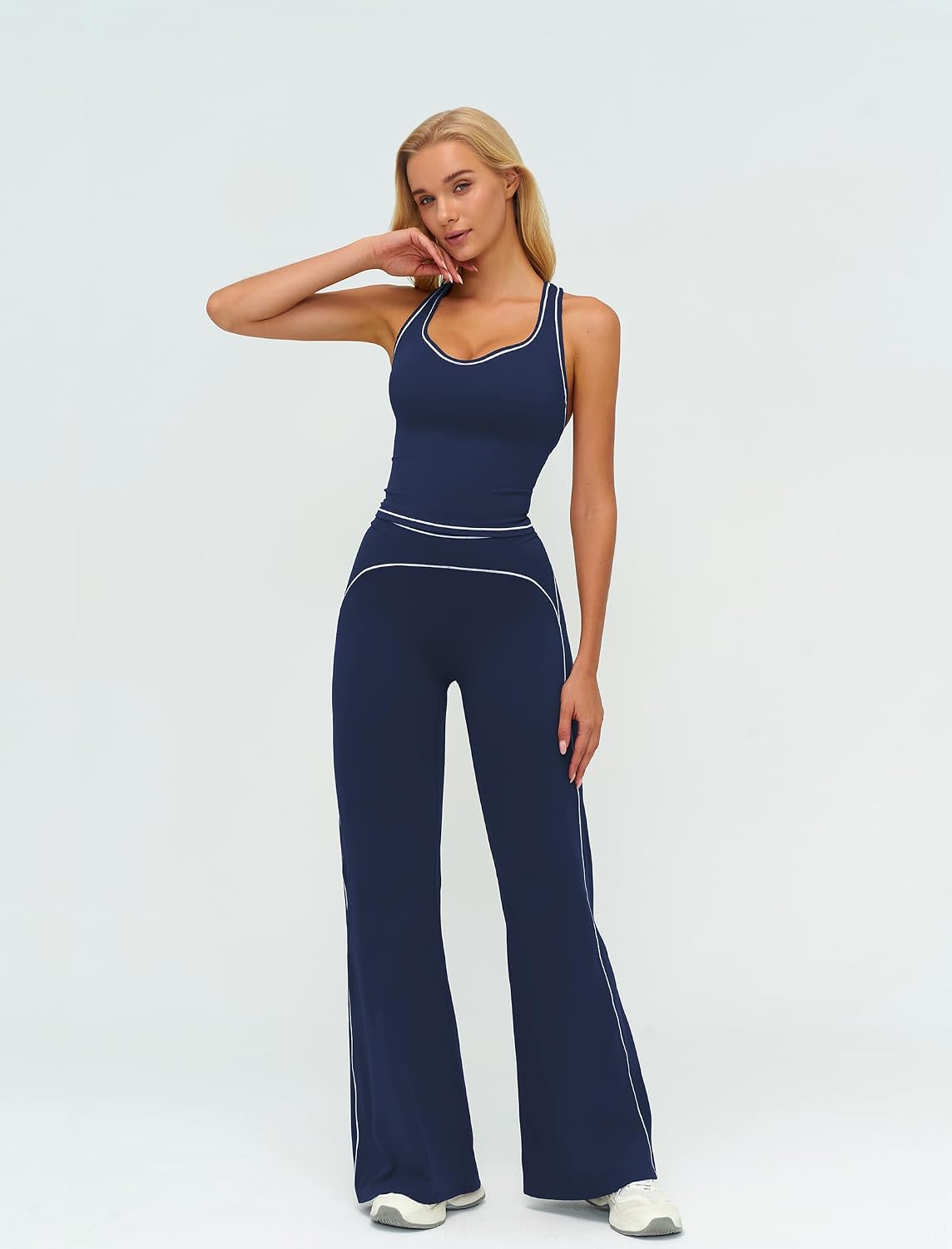 Women's Racerback Tank and Flare Leggings Yoga Set Navy