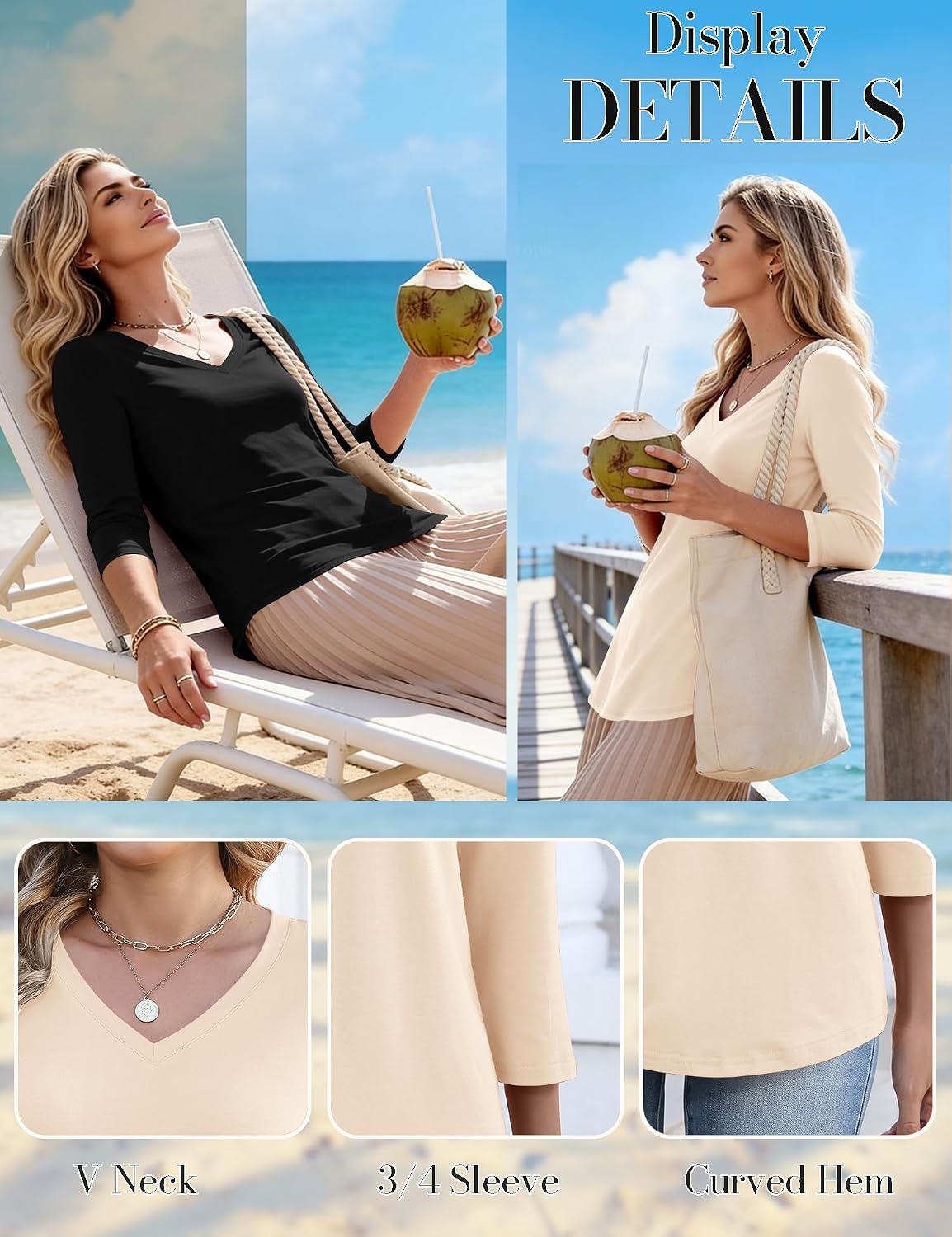 Women's 3 Pack 3/4 Sleeve V Neck T-Shirts