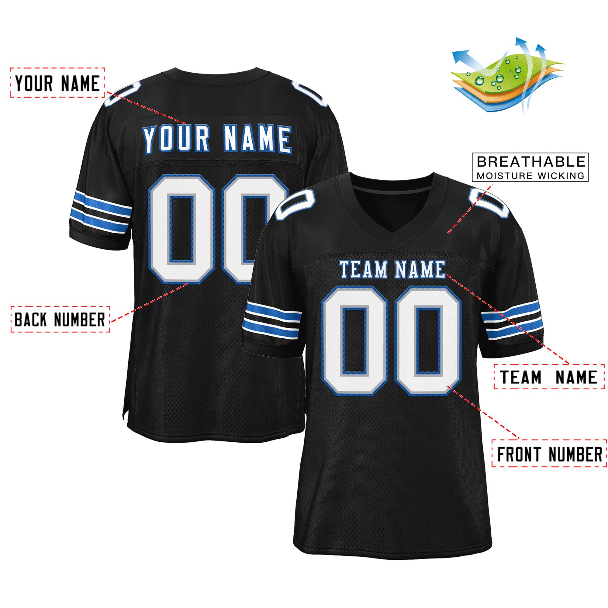 Maßgeschneidertes authentisches Mesh-Fußballtrikot im klassischen Schwarz-Weiß-Pantherblau-Stil