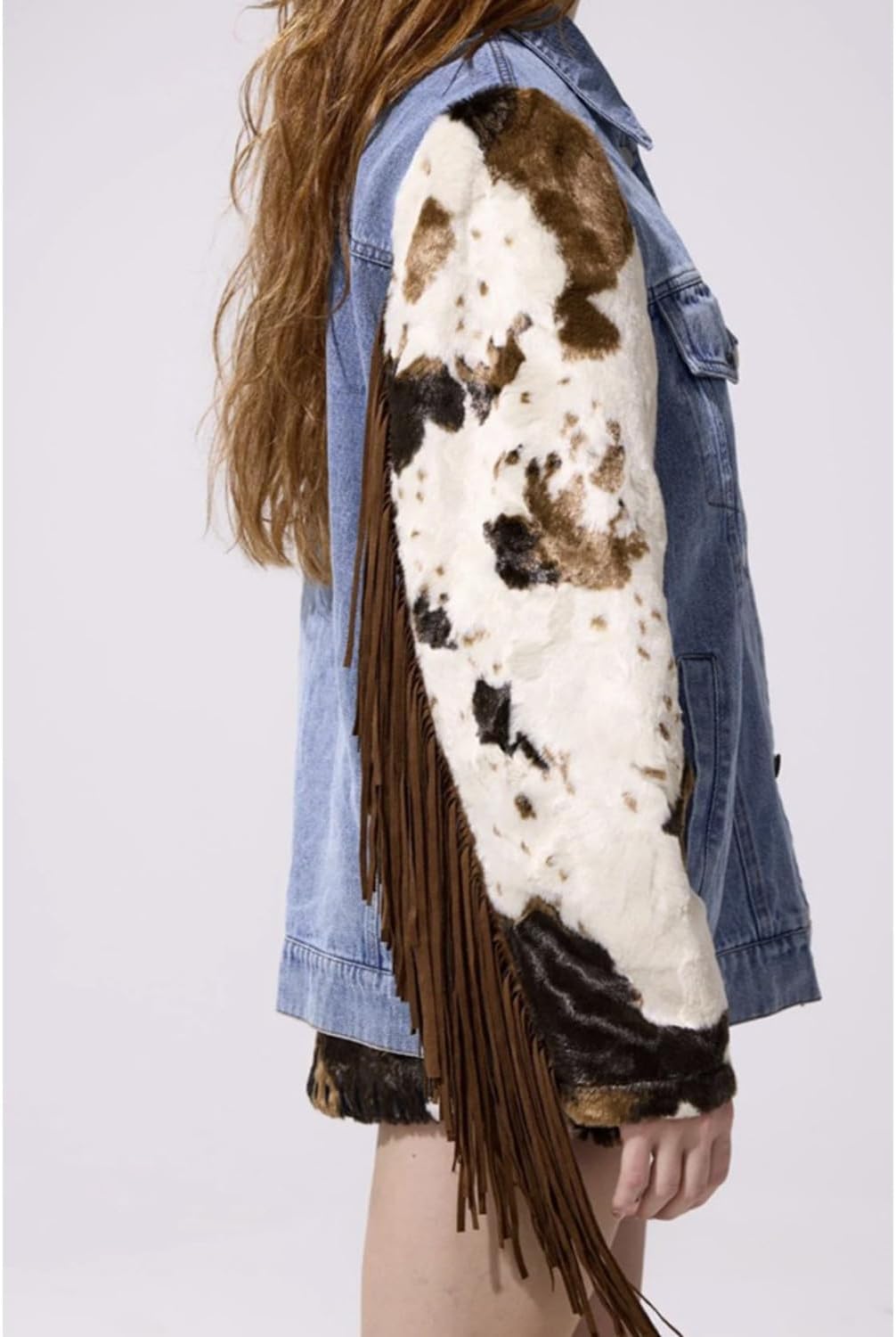Women's Cow Print Sleeve Fringe Denim Jacket Western Women's Cow Print Sleeve Fringe Denim Jacket Western