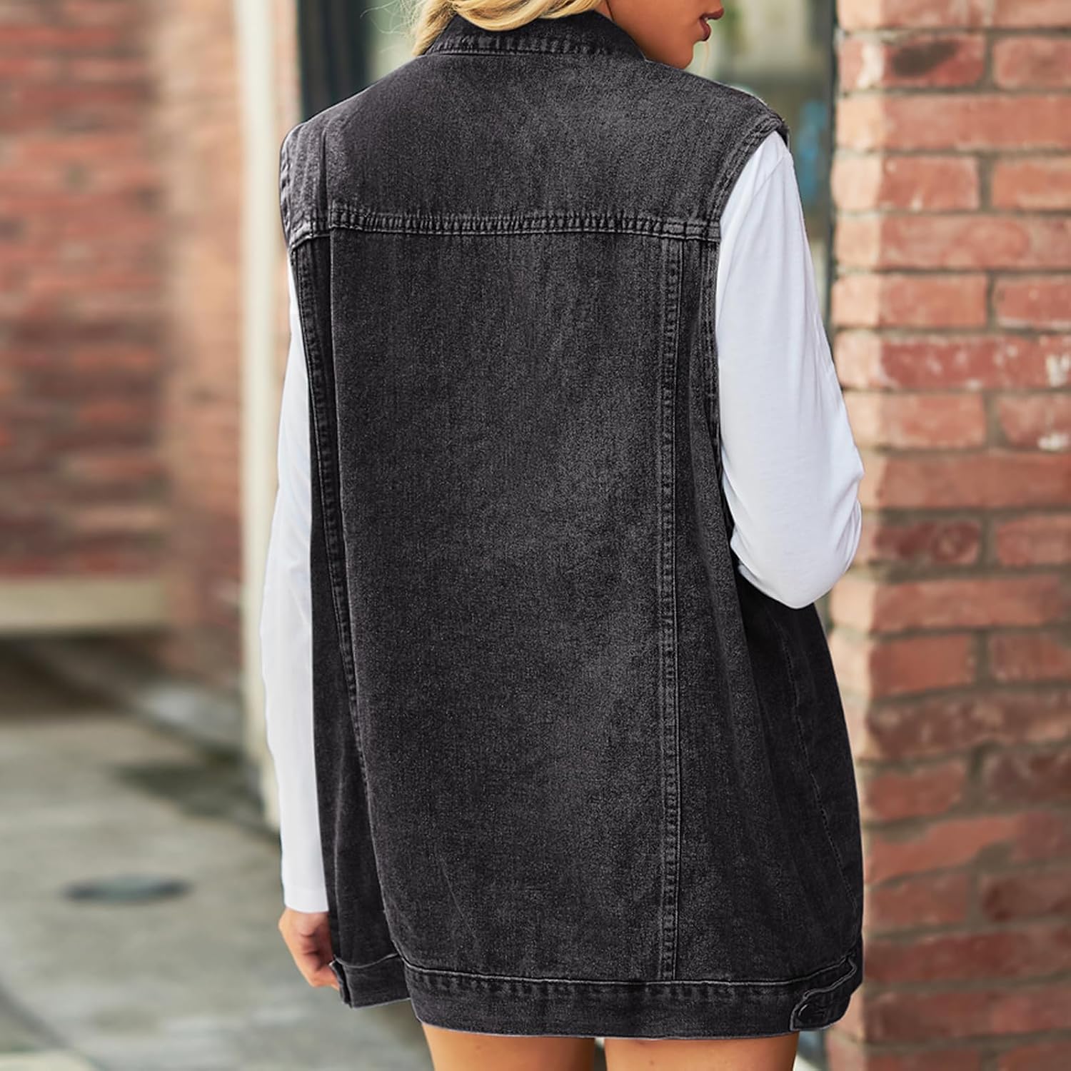 Women's Washed Black Denim Vest Oversized Button Down