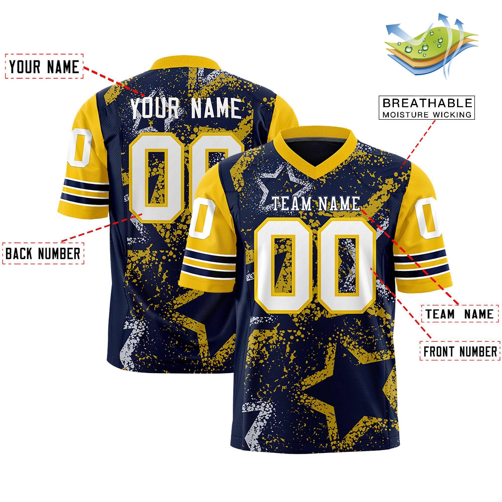 Benutzerdefiniertes, dunkelblaues, hellblau-weißes, personalisiertes Sternmuster-Design, authentisches Fußballtrikot