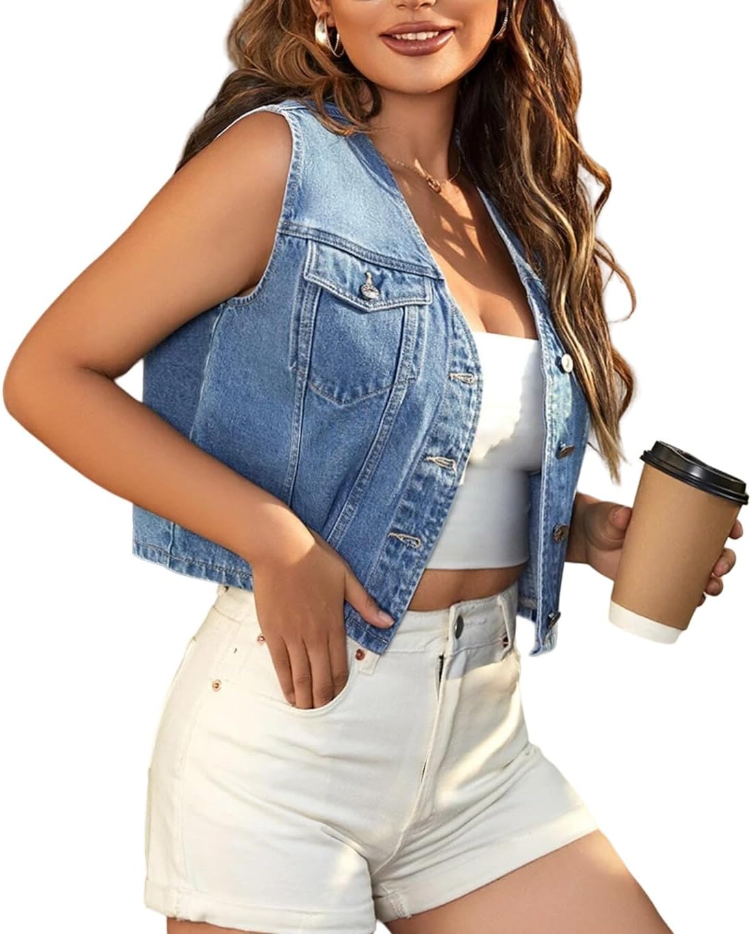 Women's Cropped Denim Vest V Neck Button Jean Waistcoat