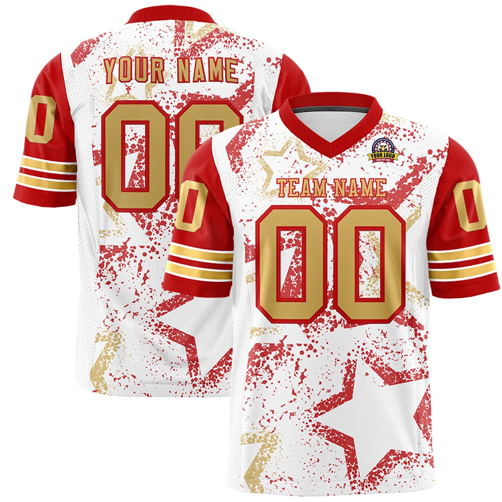 Benutzerdefiniertes, personalisiertes, authentisches Fußballtrikot mit Sternmuster-Design in Weiß, Rot und Altgold