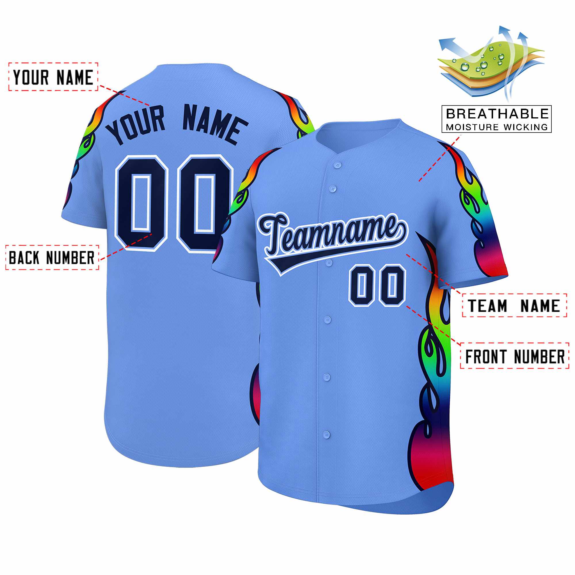Benutzerdefiniertes Graffiti-Muster, personalisierter mehrfarbiger Flammendruck, authentisches Baseball-Trikot