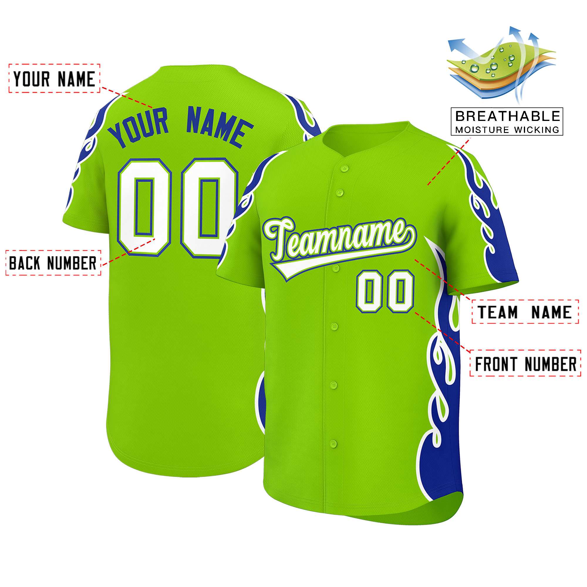 Benutzerdefiniertes Baseball-Trikot mit Seitenflammen-Umrissmuster für Sportuniformen
