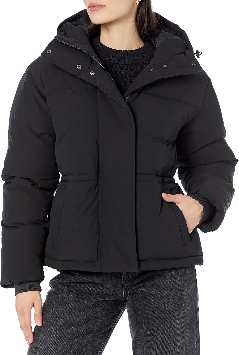 Women's Short Hooded Puffer Jacket Adjustable Waist Black