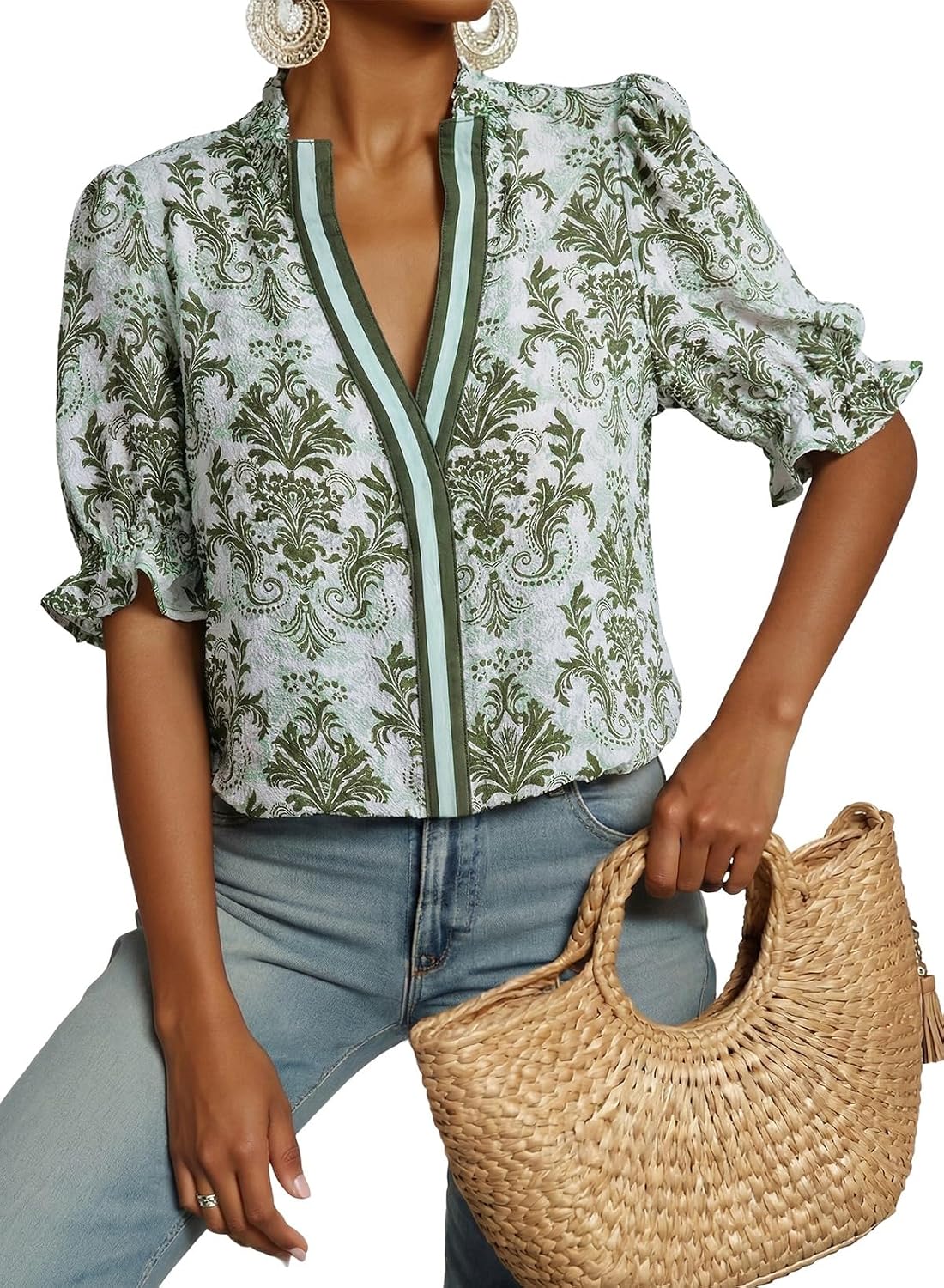 Women's Boho Floral Print Puff Sleeve Blouse Green