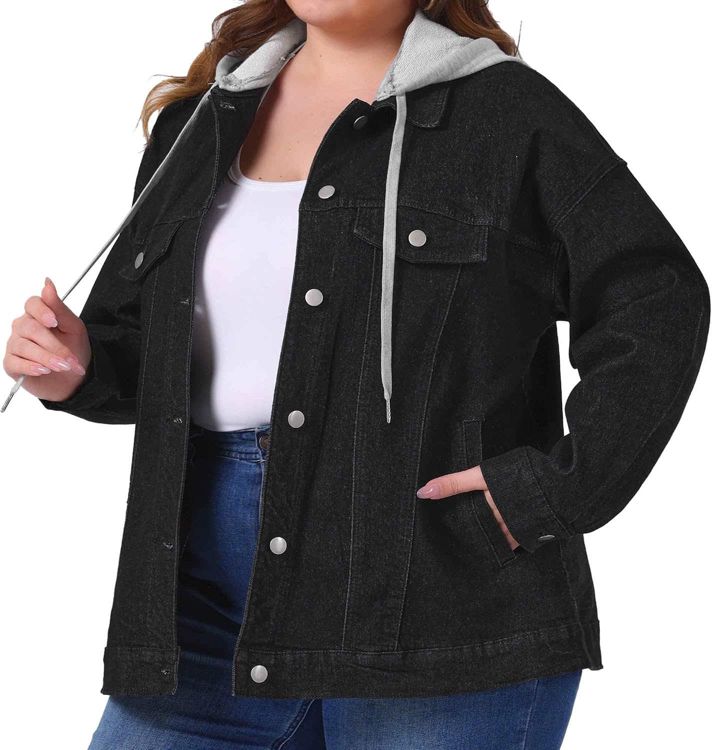 Women's Plus Size Denim Jacket with Detachable Hood