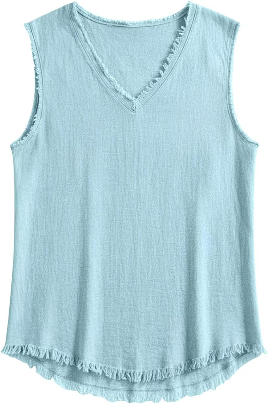 Men's Raw Edge V Neck Tank Top Light Blue