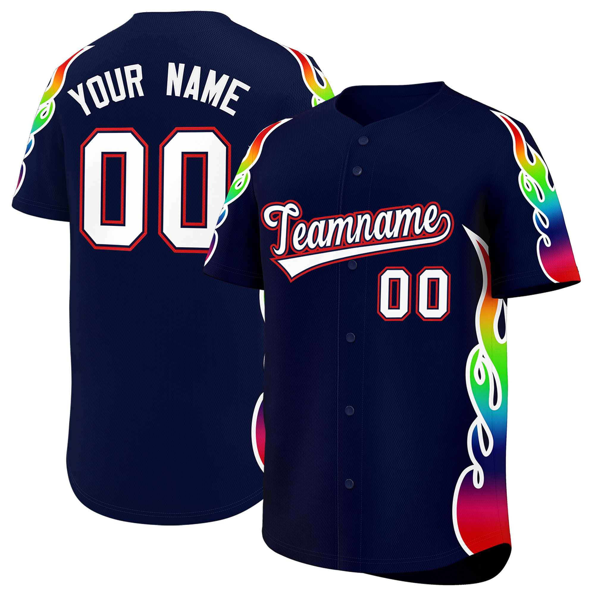 Benutzerdefiniertes Graffiti-Muster, personalisierter mehrfarbiger Flammendruck, authentisches Baseball-Trikot