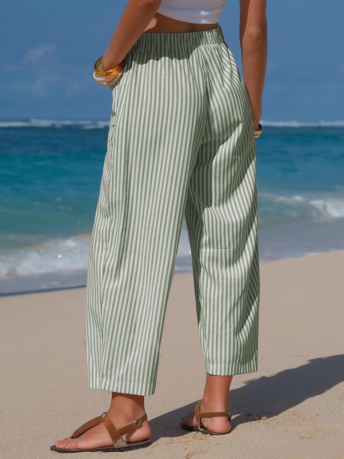 Womens Faux Linen Striped Barrel Capri Pants Drawstring Trousers Wide Leg Elastic Waist Deep Pockets Lightweight Beach Vacation Outfits Lounge Summer