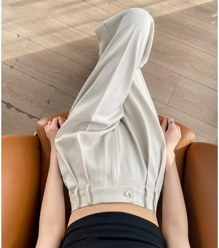 Women's Elegant Straight Trousers Button Wide Leg Pants with Pockets Spring Summer