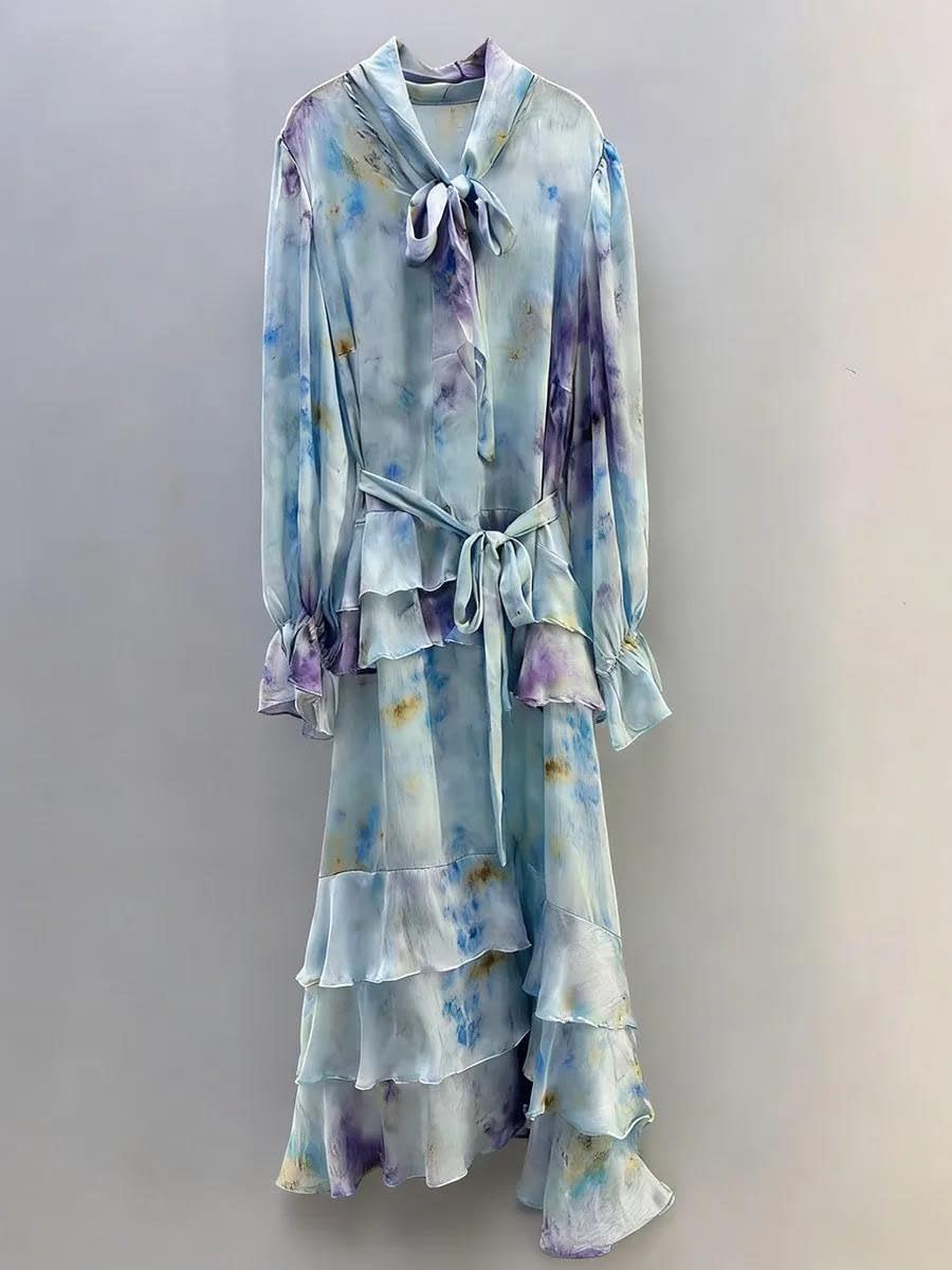 Women's Floral Tie Neck Maxi Dress Long Sleeve Ruffle