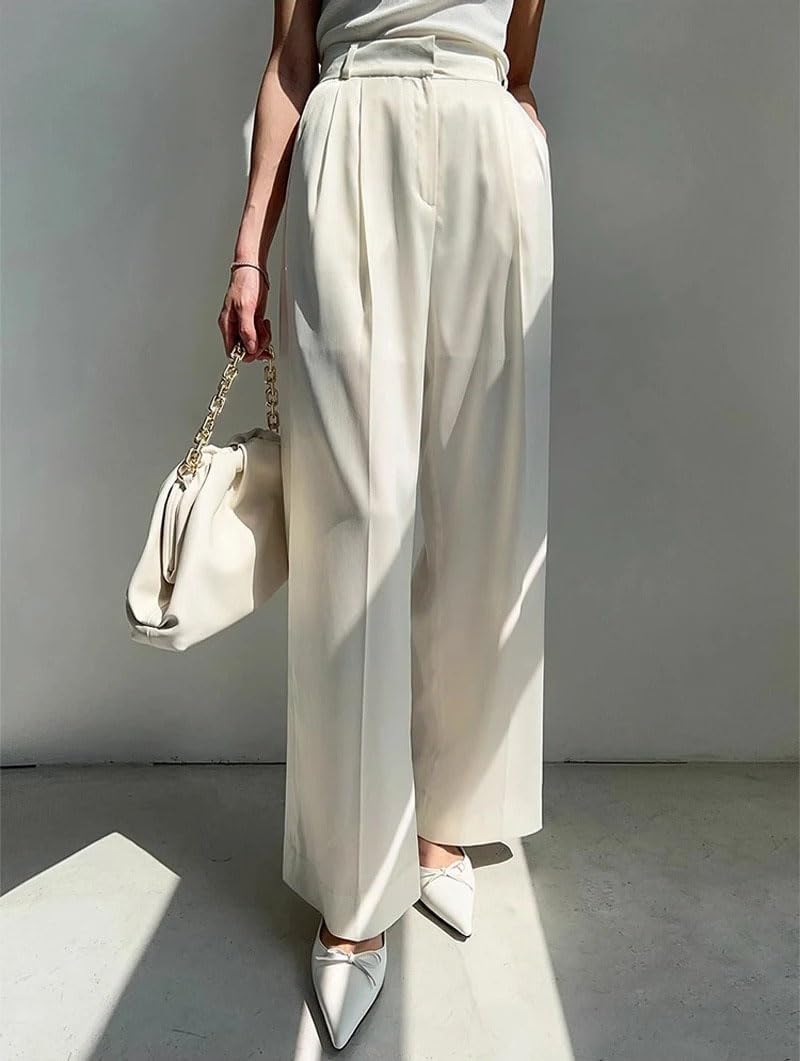 Women's High Waist Straight Trousers Loose Wide Leg Pants with Pockets Spring