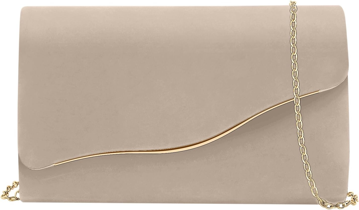 Women's Beige Faux Suede Envelope Clutch with Gold Chain