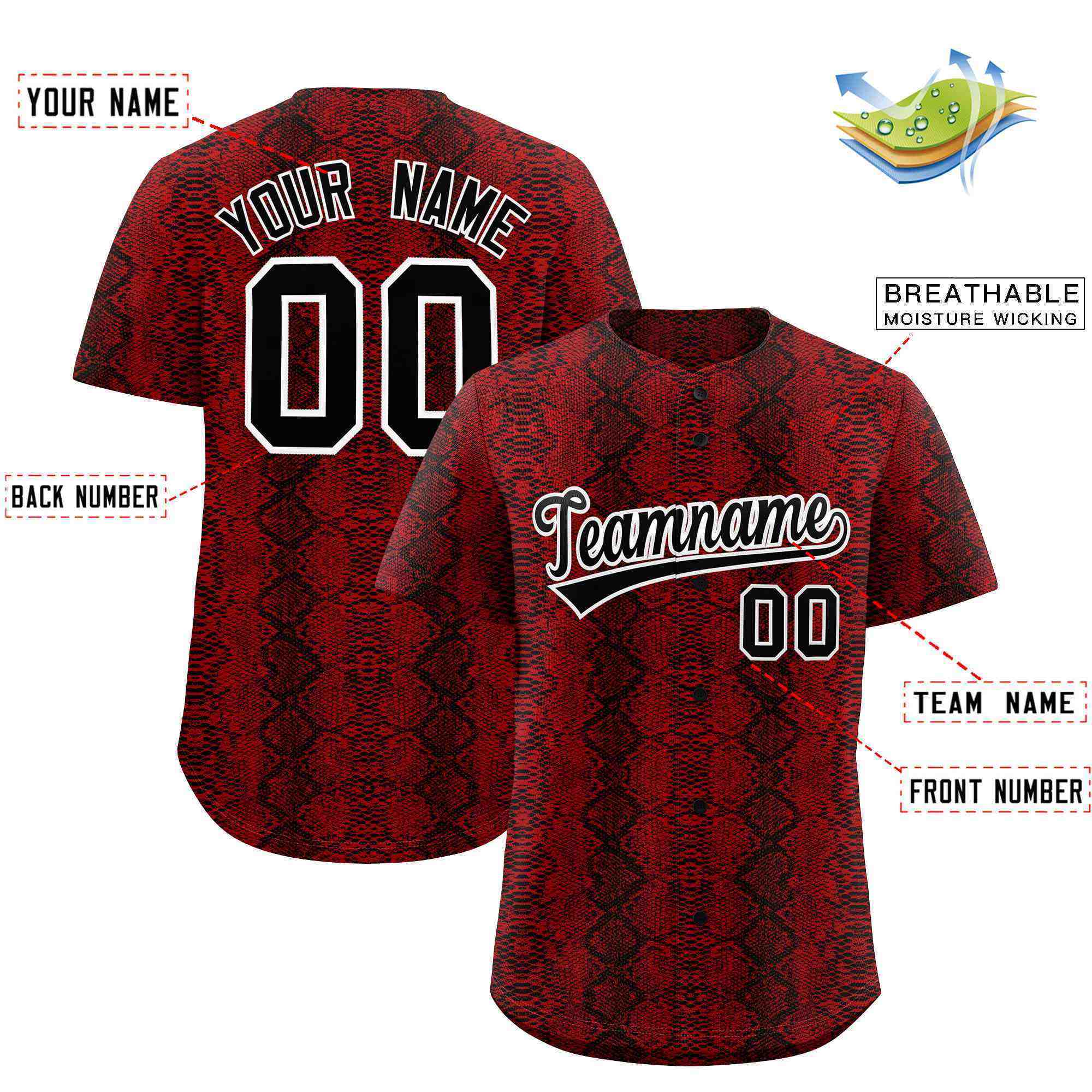 Benutzerdefiniertes authentisches Baseball-Trikot mit mehrfarbigem Schlangenledermuster