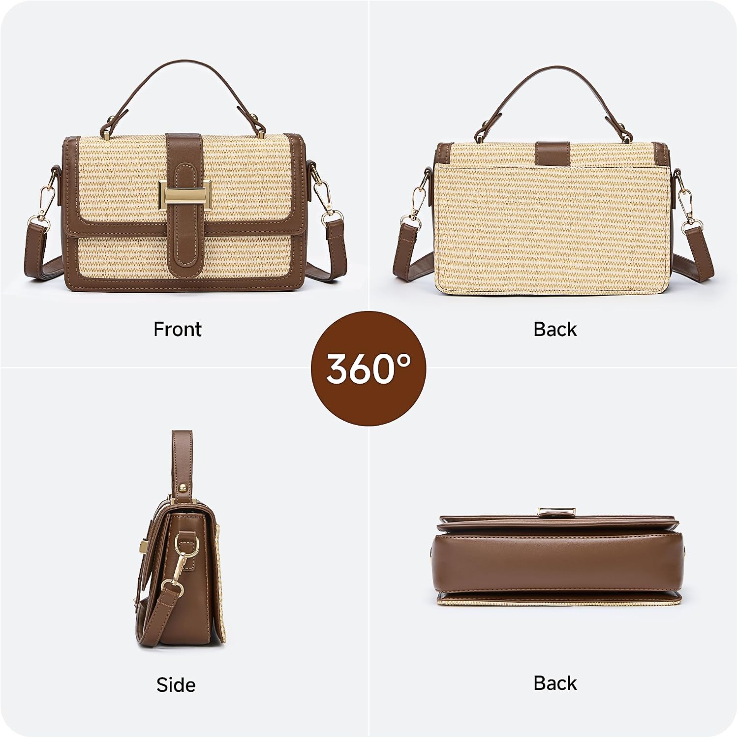 Women's Straw Woven Crossbody Bag with Top Handle Brown