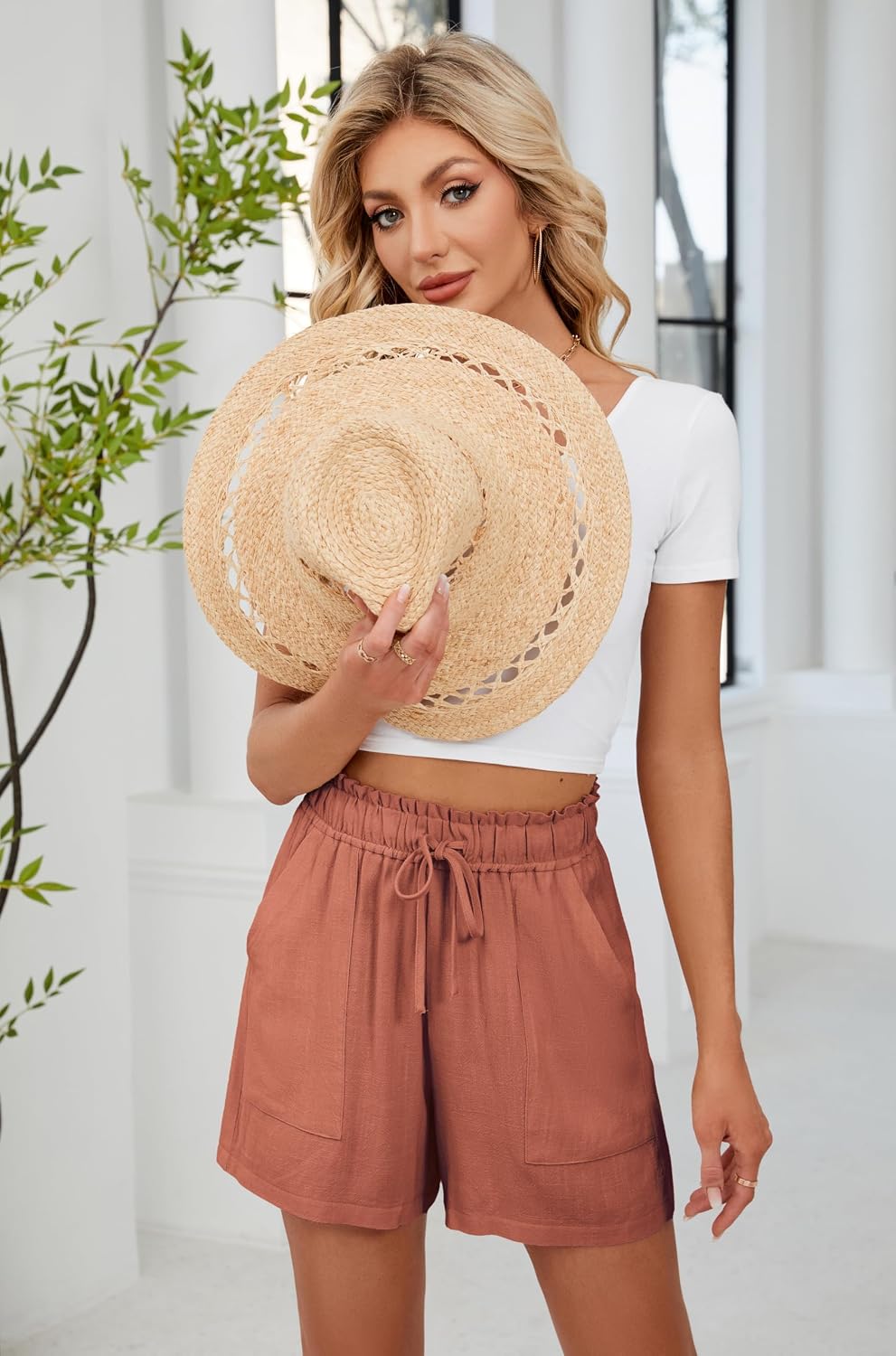 High Waisted Linen Shorts for Women Pockets Beach Vacation Resort Wear Casual Summer Lounge