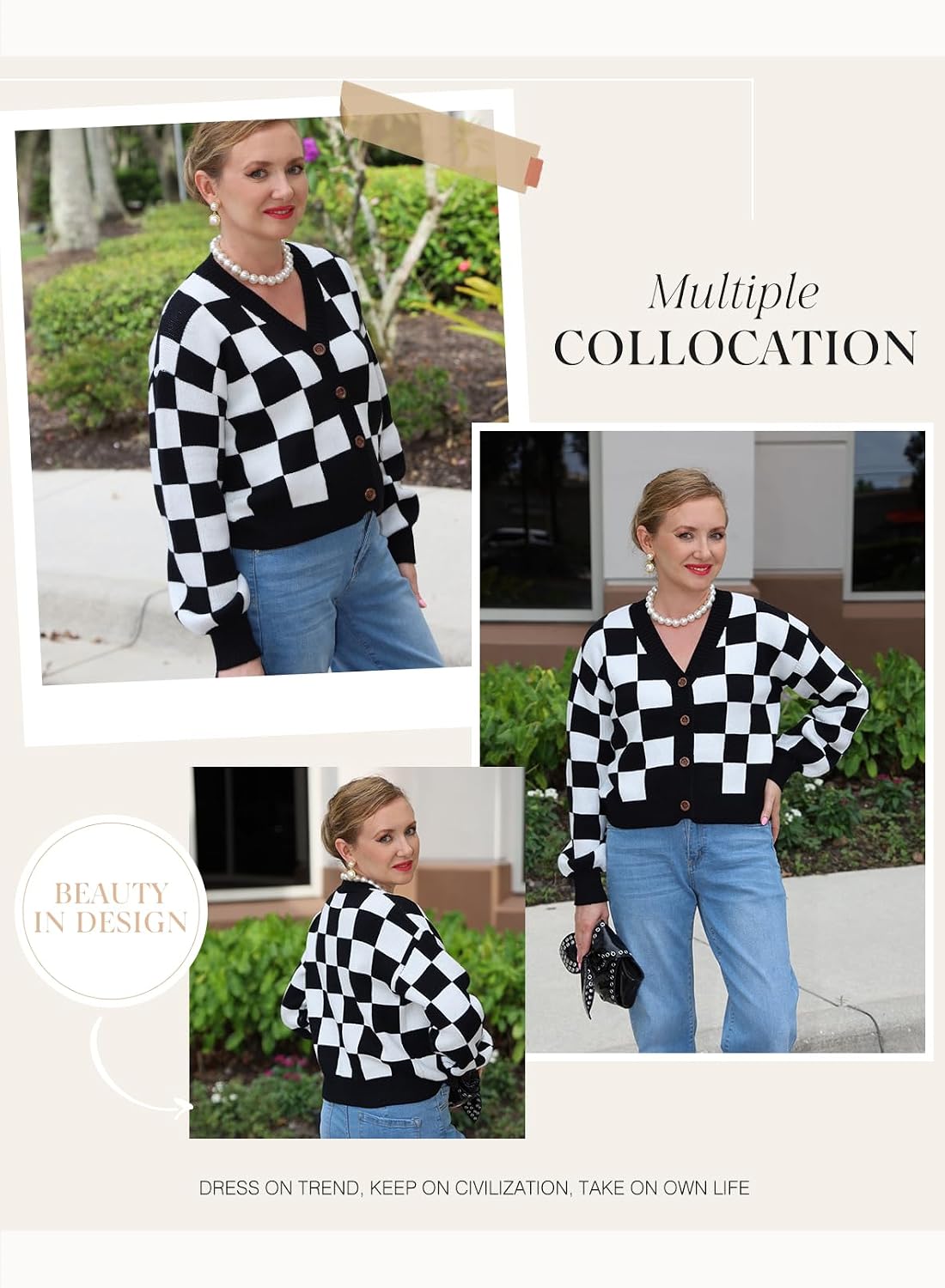 Womens Checkered V Neck Button Down Long Sleeve Cable Knit Cropped Cardigan Sweaters Tops Womens Checkered V Neck Button Down Long Sleeve Cable Knit Cropped Cardigan Sweaters Tops