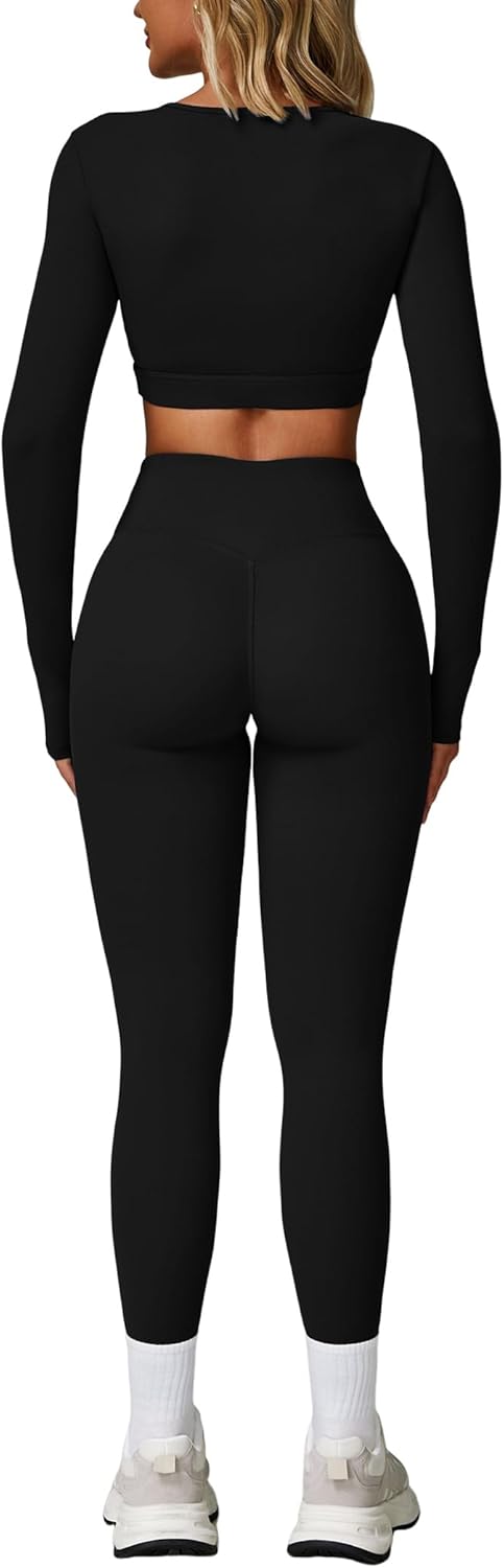 2 Piece Workout Sets for Women Seamless High Waist Flare Leggings Yoga Long Sleeve Cutout Crop Tops Athletic Sets