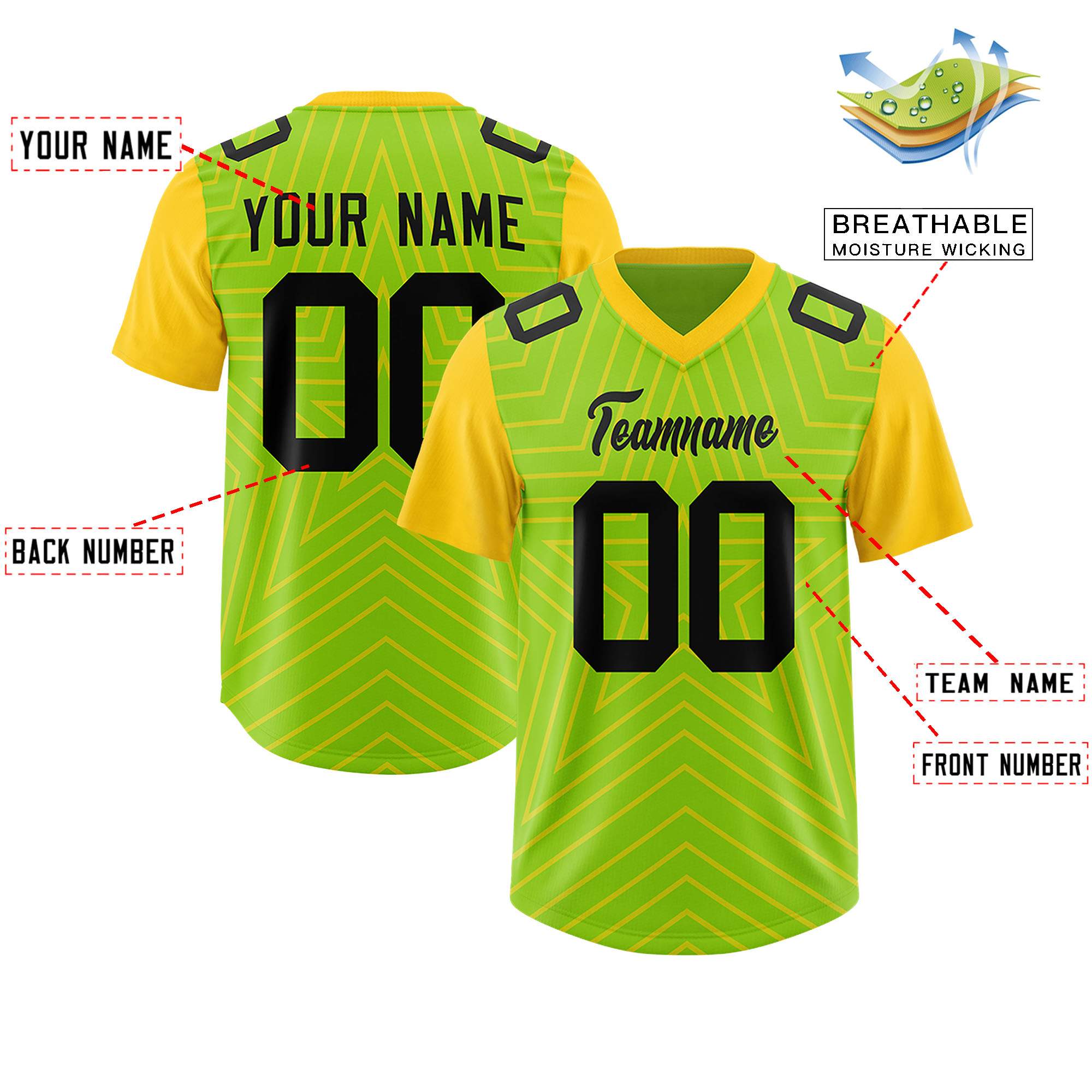 Individuell personalisiertes, authentisches Fußballtrikot mit Raglanärmeln und Sternenmuster