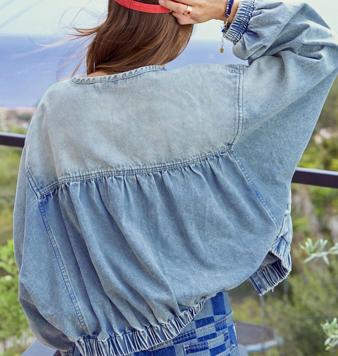 Women Zip Up Oversized Denim Jean Jacket Long Sleeve Distressed Patchwork Bomber Fall Trucker Coat Collarless