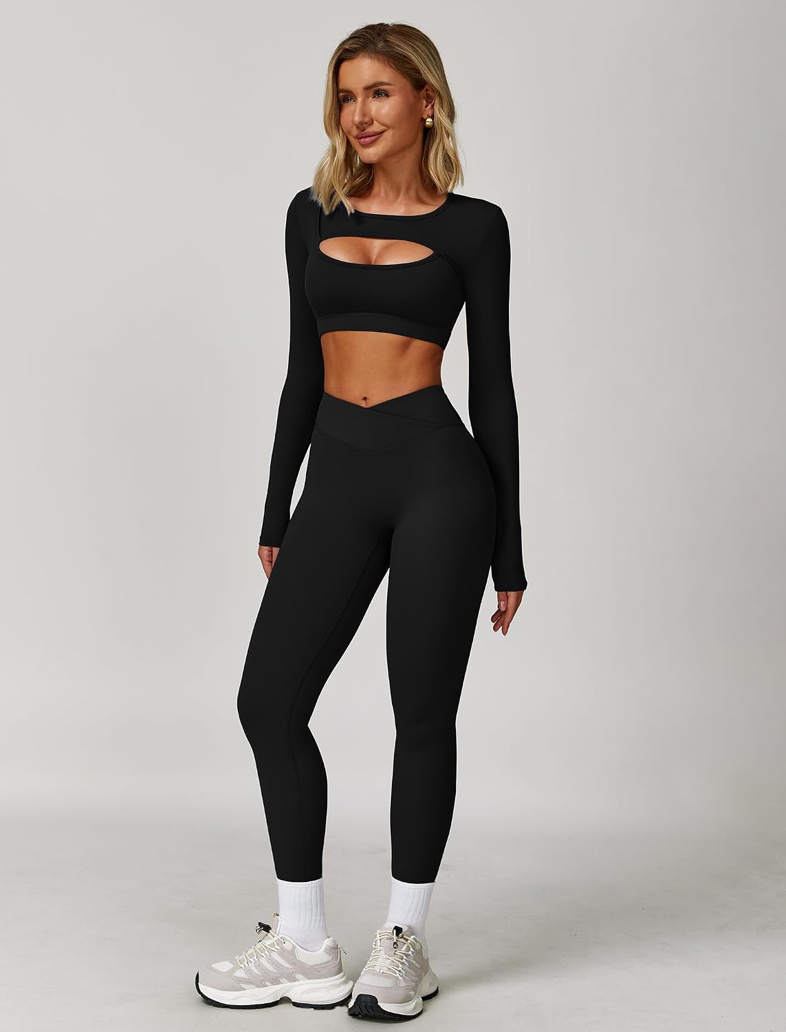 2 Piece Workout Sets for Women Seamless High Waist Flare Leggings Yoga Long Sleeve Cutout Crop Tops Athletic Sets