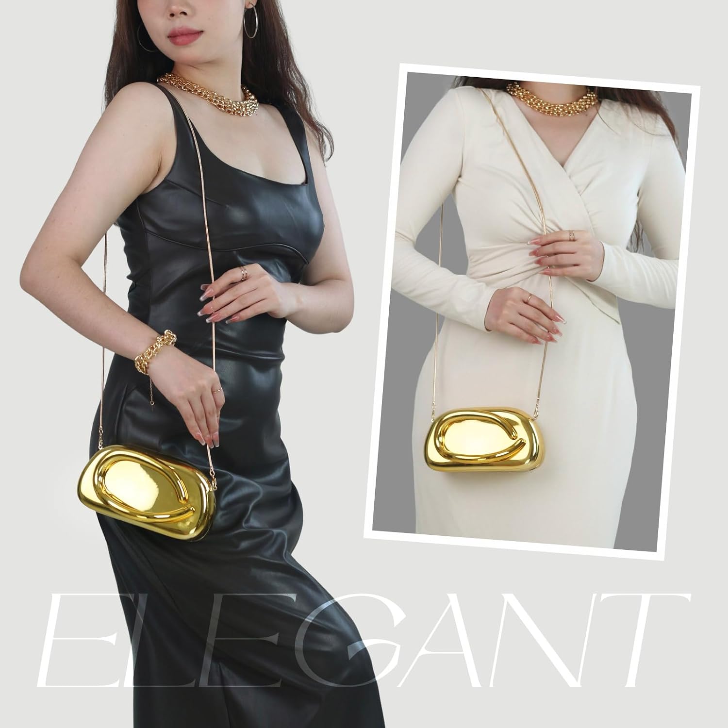 Women's Gold Acrylic Clutch with Metal Handle and Chain