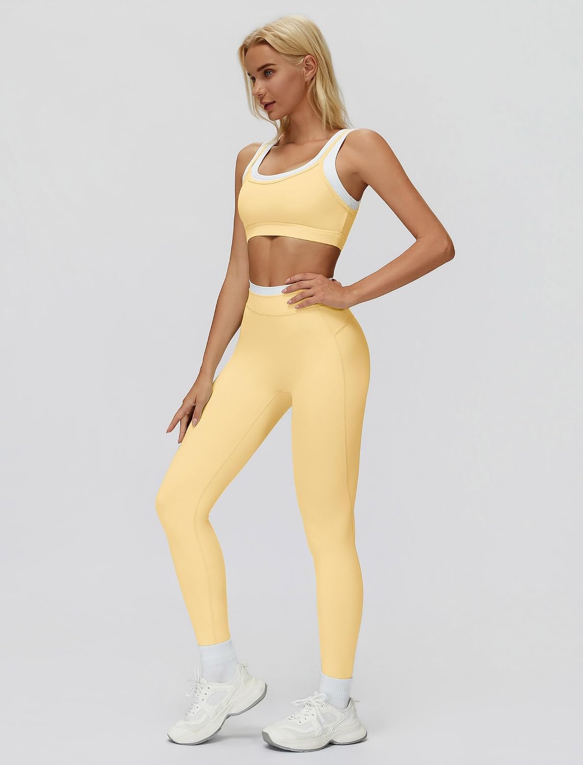 Women's Square Neck Sports Bra Leggings Set Butter Yellow