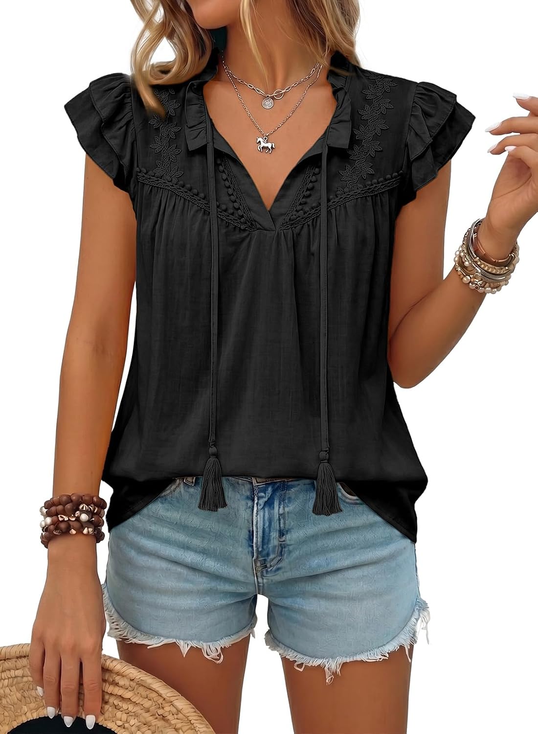 Women's Lace Embroidery Tassel V Neck Blouse Black