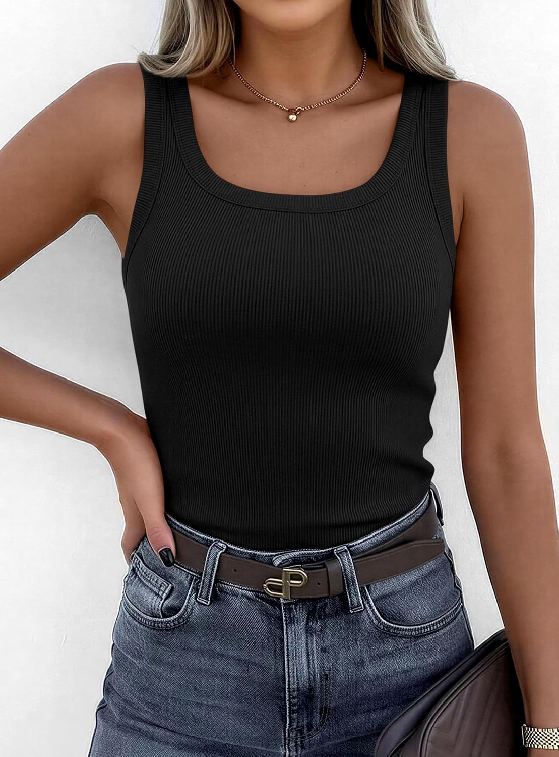 Women's Ribbed Scoop Neck Slim Fit Tank Top Black