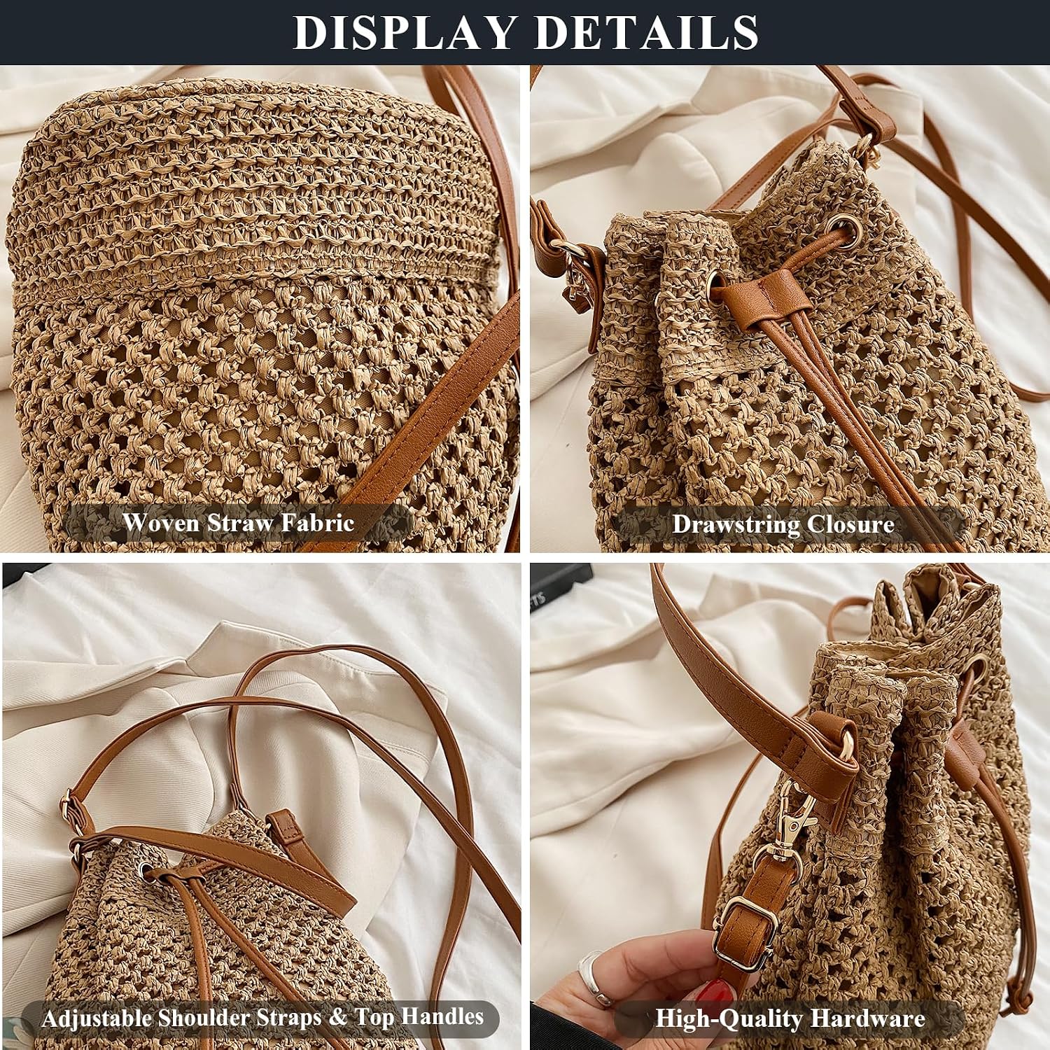 Women's Crochet Straw Bucket Bag Beach Drawstring Purse Women's Crochet Straw Bucket Bag Beach Drawstring Purse