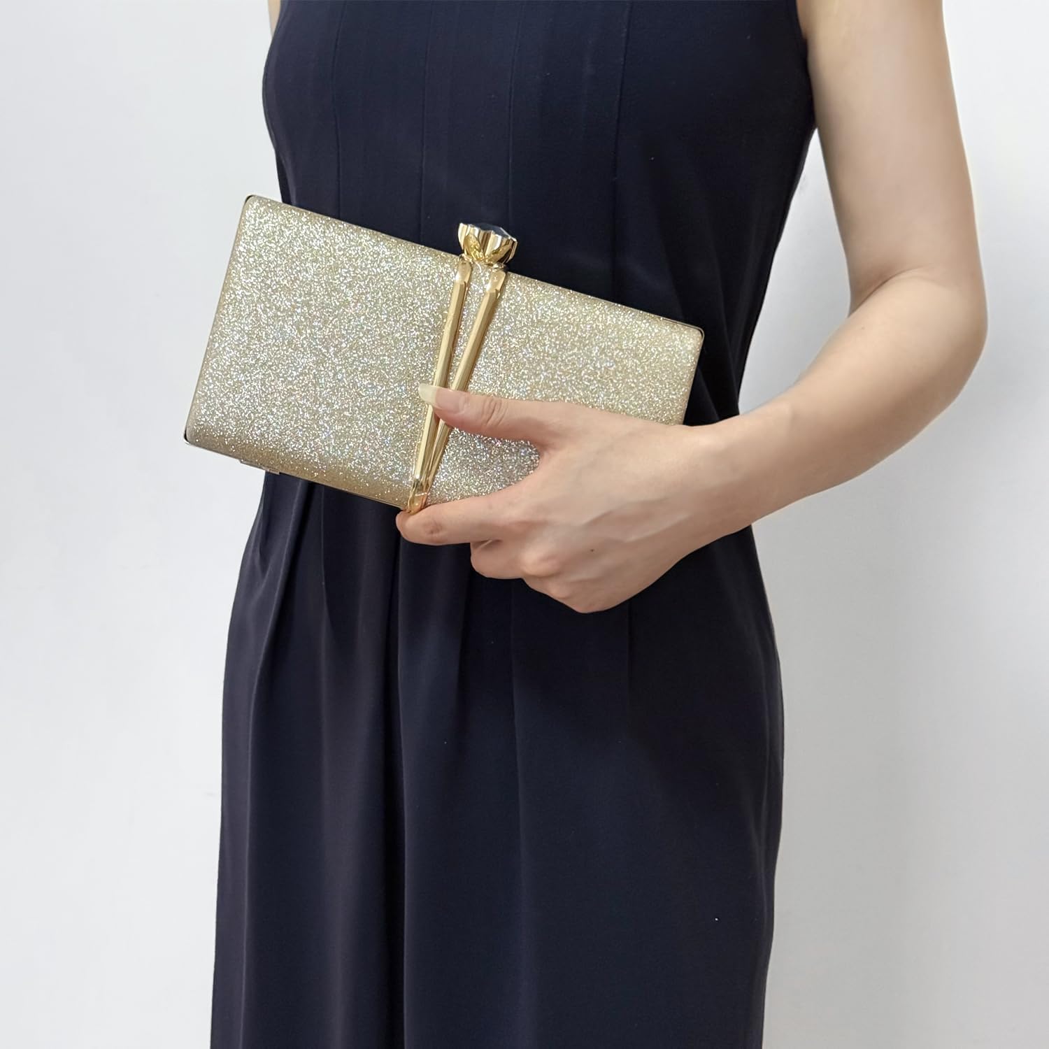 Women's Glitter Evening Clutch Crystal Flower Clasp Purse Gold