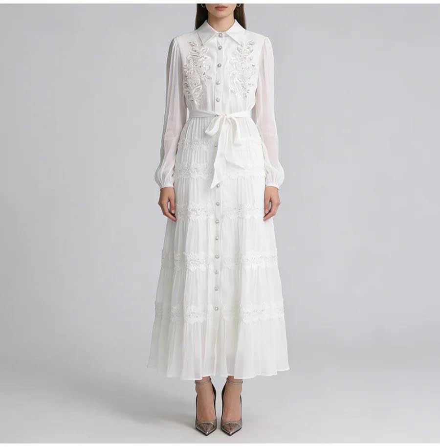 Women's Floral Embroidered Maxi Dress Lapel Long Sleeve Pink Women's Floral Embroidered Maxi Dress Lapel Long Sleeve Pink