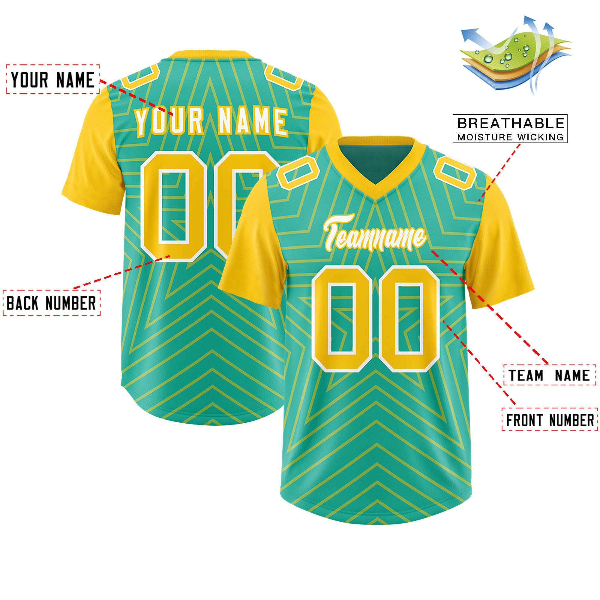 Benutzerdefiniertes leuchtendes Grün-Gold, personalisiertes Sternmuster, Raglanärmel, authentisches Fußballtrikot
