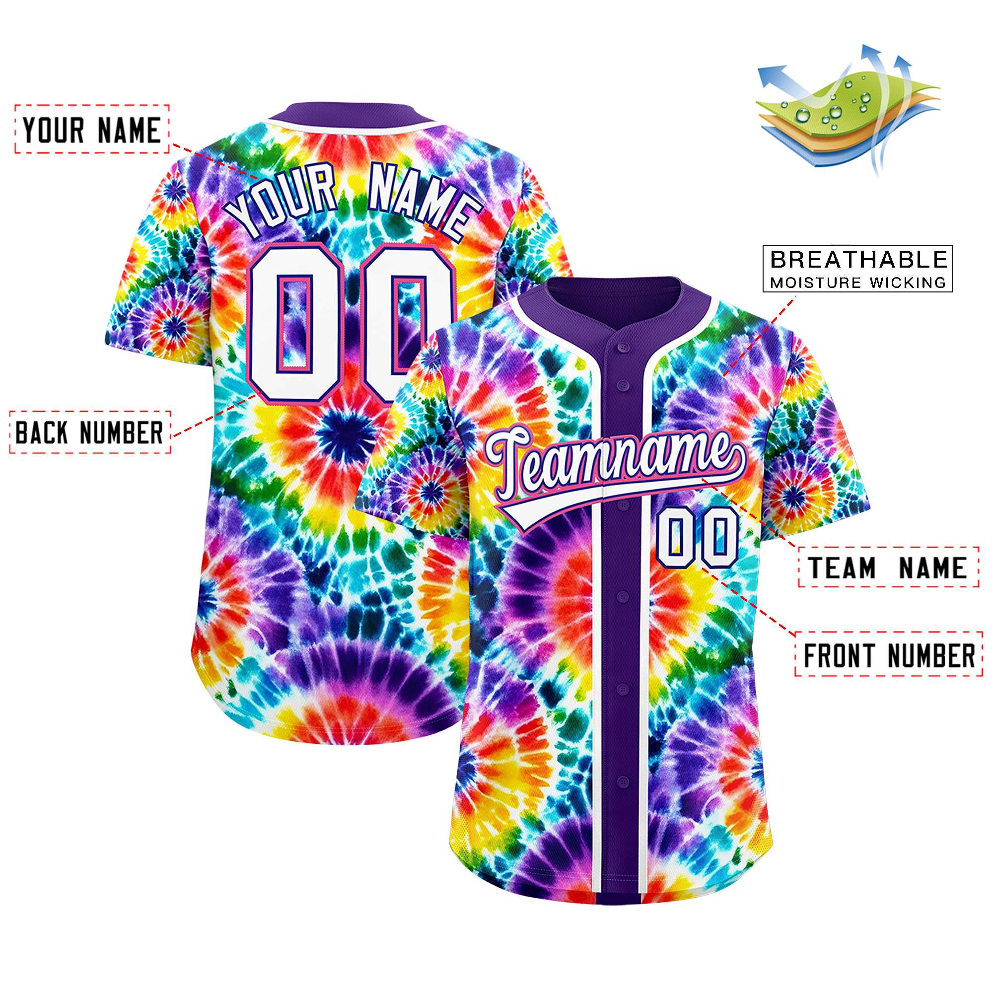 Authentisches Baseball-Trikot mit individuellem Tie-Dye-Graffiti-Muster Authentisches Baseball-Trikot mit individuellem Tie-Dye-Graffiti-Muster