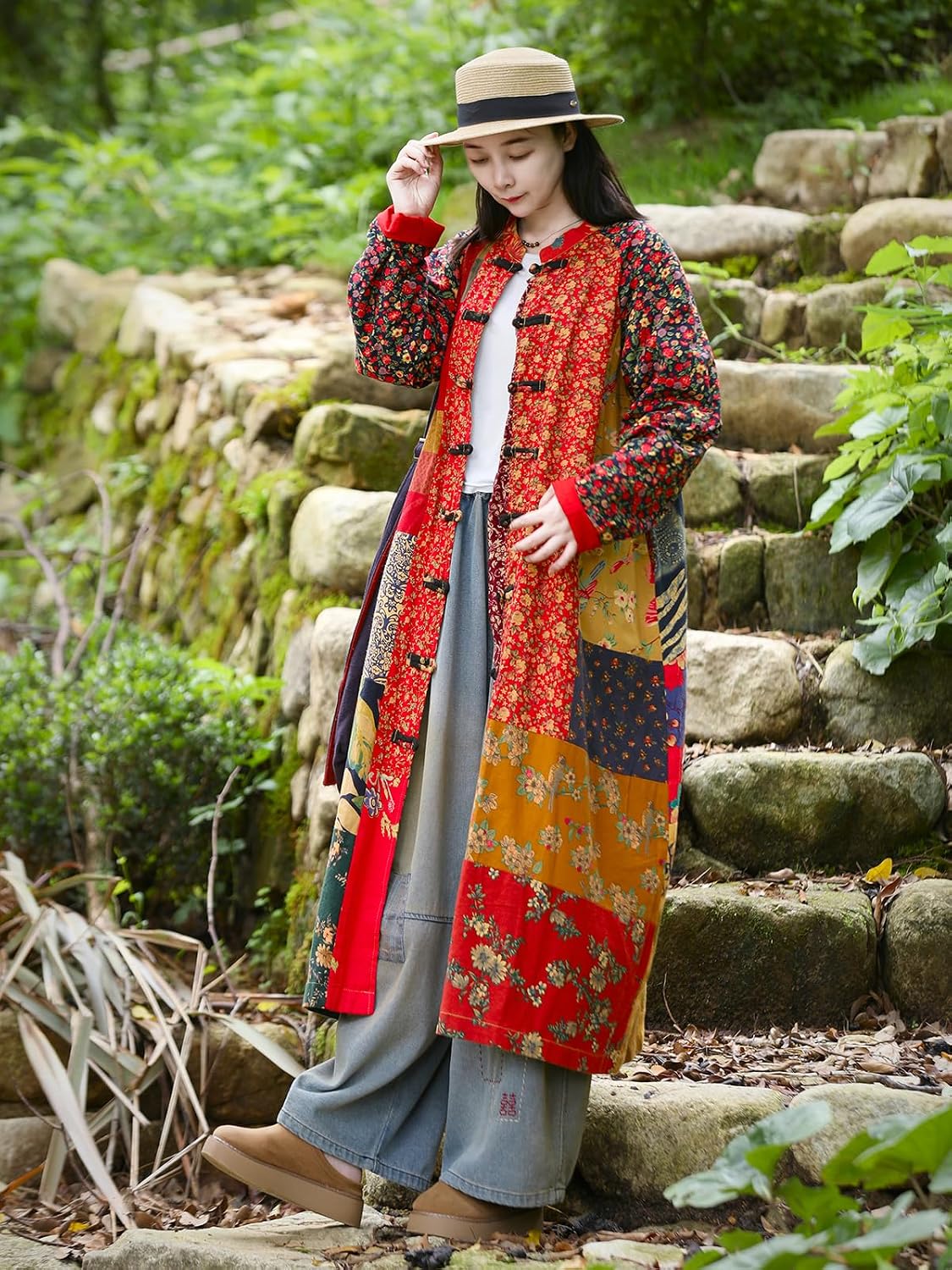 Women\u2018s Patchwork Trench Coat - Floral Cotton Linen Long Jacket Cottagecore Bohemian Outerwear