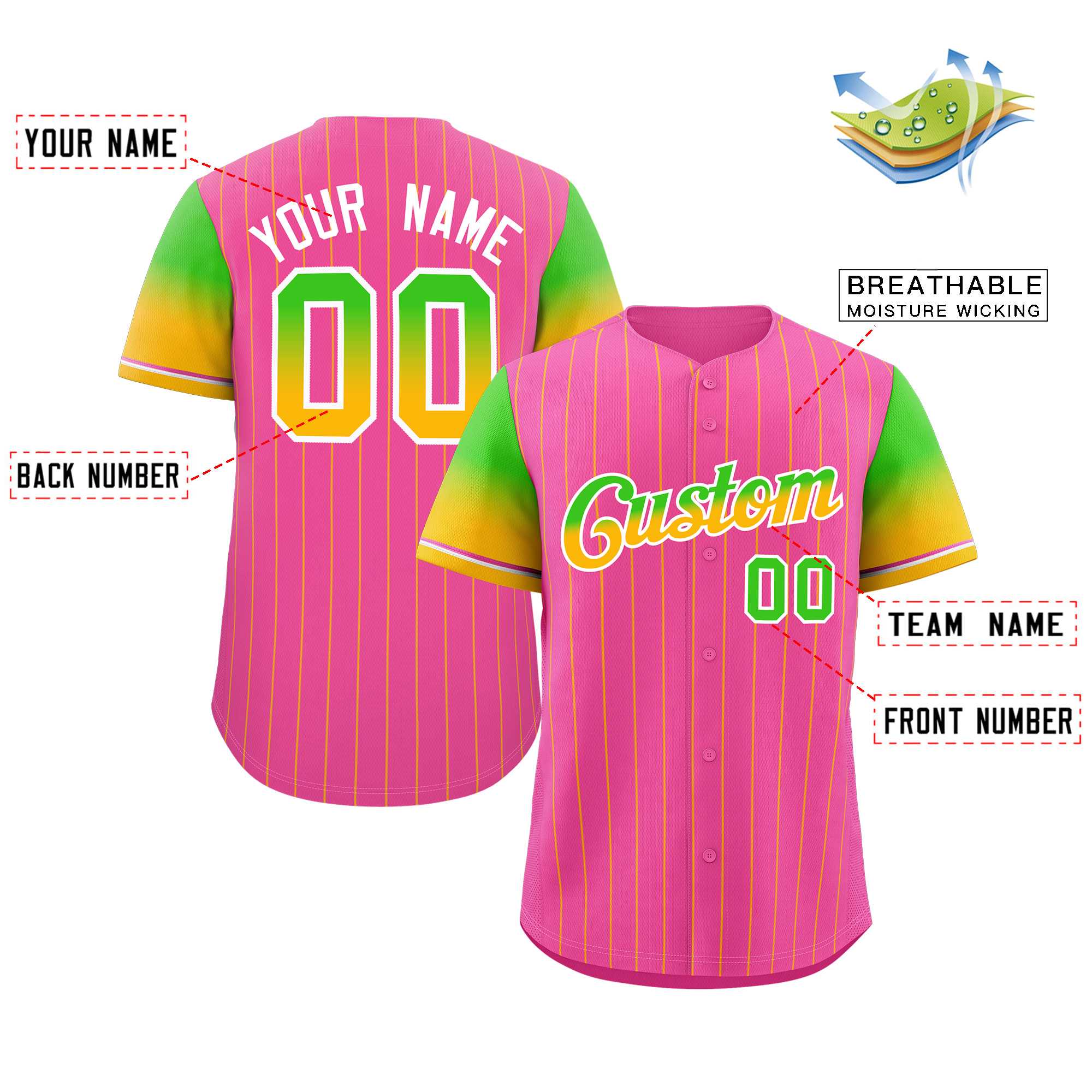 Benutzerdefinierte rosa neongrüne gold-weiße Streifenschrift mit Farbverlauf, modisches, authentisches Baseball-Trikot