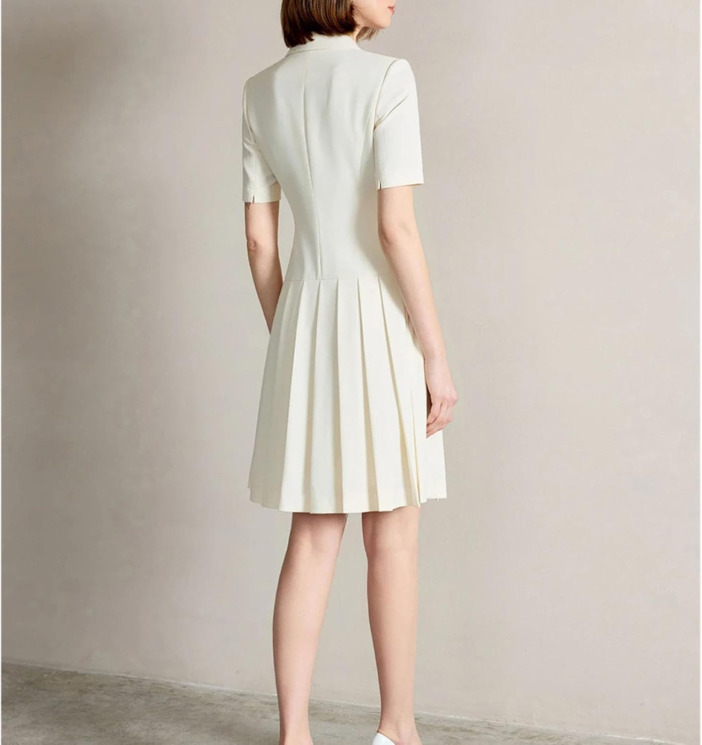 Women's Double Breasted Blazer Dress Short Sleeve Pleated White