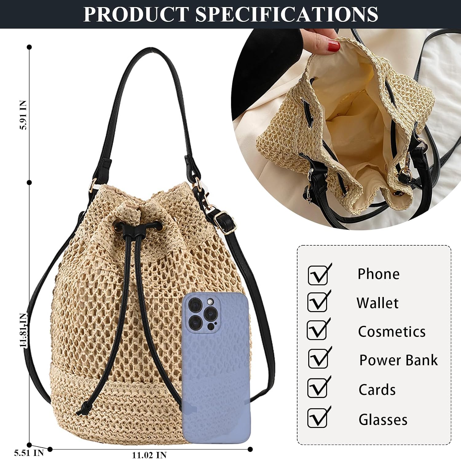 Women's Crochet Straw Bucket Bag Beach Drawstring Purse Women's Crochet Straw Bucket Bag Beach Drawstring Purse